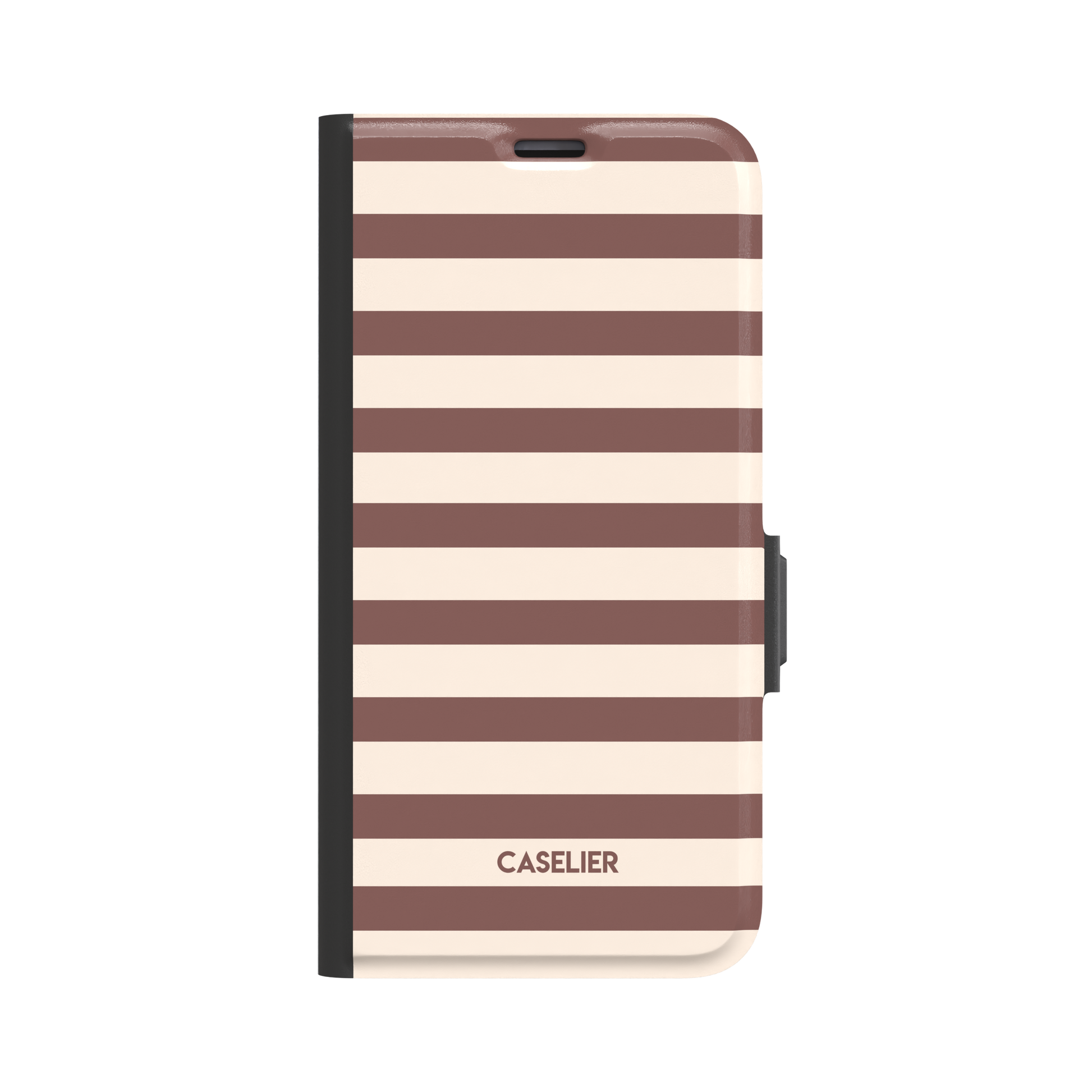 Glossy phone case with wide horizontal stripes alternating between warm cocoa brown and soft cream, classic striped pattern, phone case by Caselier - wallet case, front view | Caselier