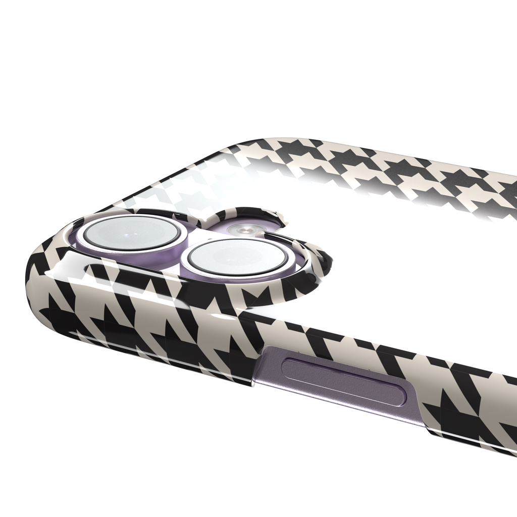 Houndstooth, classic black and cream houndstooth check pattern, snap case, volume buttons detail, phone case by Caselier