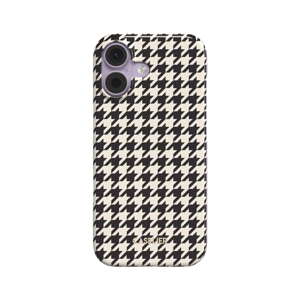 Full back view of a slim phone case featuring a classic houndstooth pattern in black and cream, white background, phone case by Caselier - snap case, front view | Caselier
