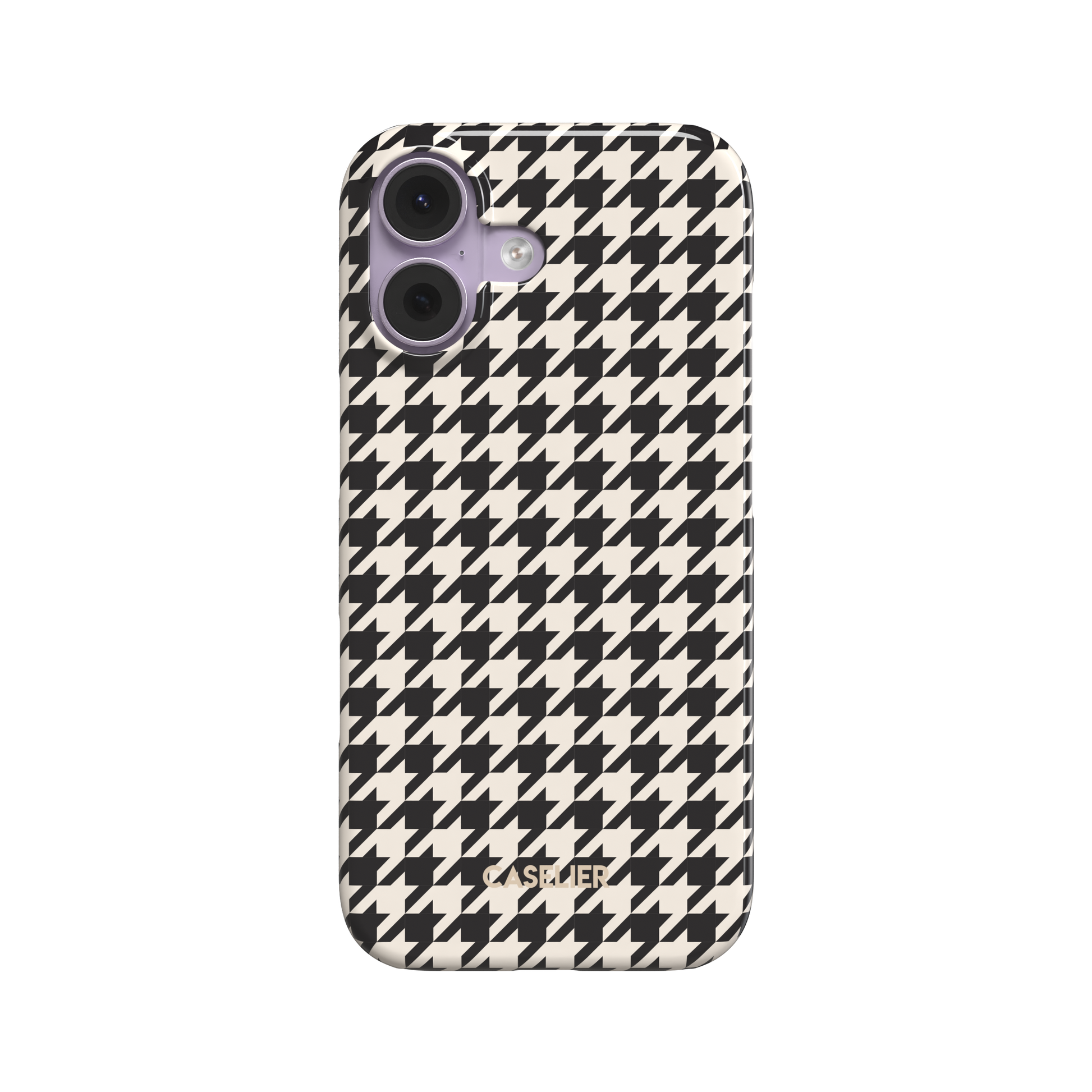 Full back view of a slim phone case featuring a classic houndstooth pattern in black and cream, white background, phone case by Caselier - snap case, front view | Caselier