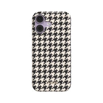 Full back view of a slim phone case featuring a classic houndstooth pattern in black and cream, white background, phone case by Caselier - snap case, front view | Caselier