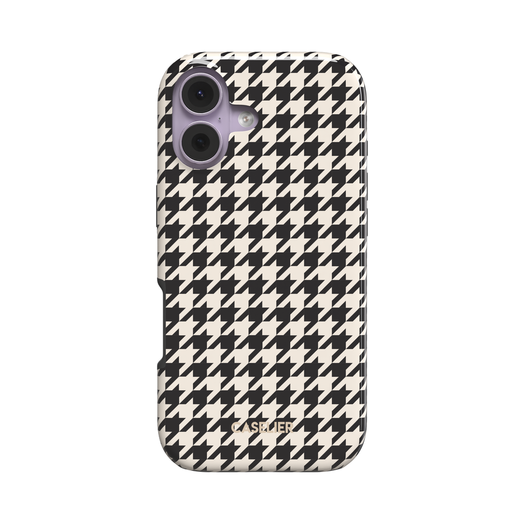 Angled rear view of a slim phone case with black and cream houndstooth pattern, showing side profile and camera cutout, white background, phone case by Caselier - tough case, front view | Caselier