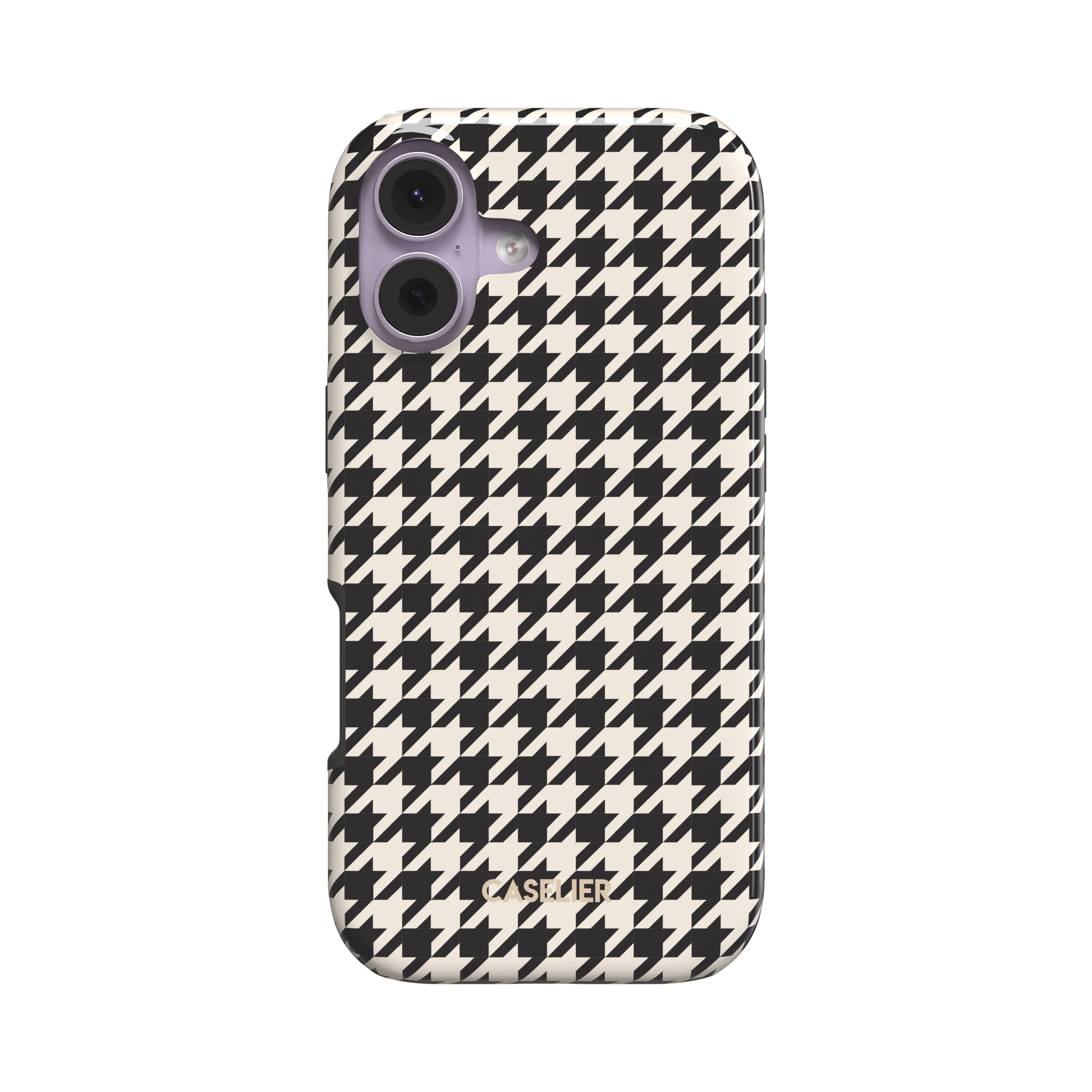 Angled rear view of a slim phone case with black and cream houndstooth pattern, showing side profile and camera cutout, white background, phone case by Caselier - tough case, front view | Caselier