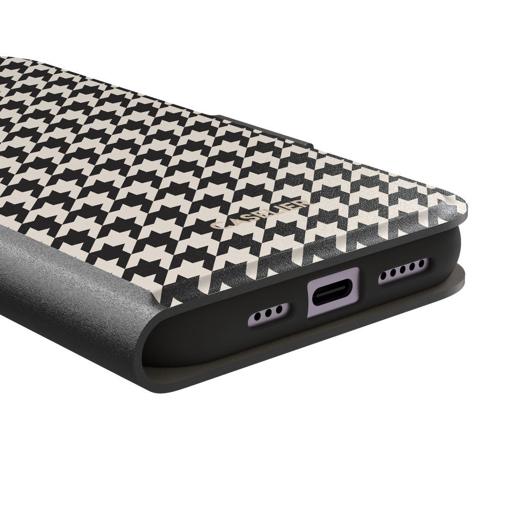 Houndstooth, classic black and cream houndstooth check pattern, wallet case, charging port detail, phone case by Caselier