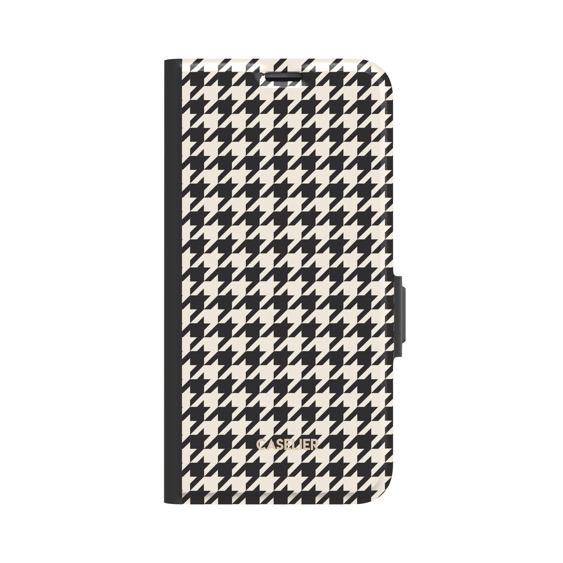 Front-facing view of a black-edged folio wallet case covered in black and cream houndstooth pattern, white background, phone case by Caselier - wallet case, front view | Caselier