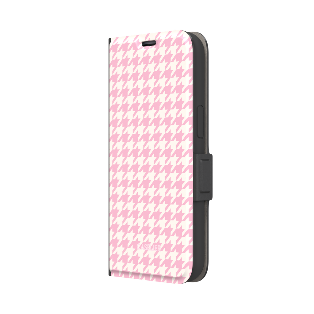 Houndstooth, soft pink and cream houndstooth check pattern, wallet case, right view, phone case by Caselier