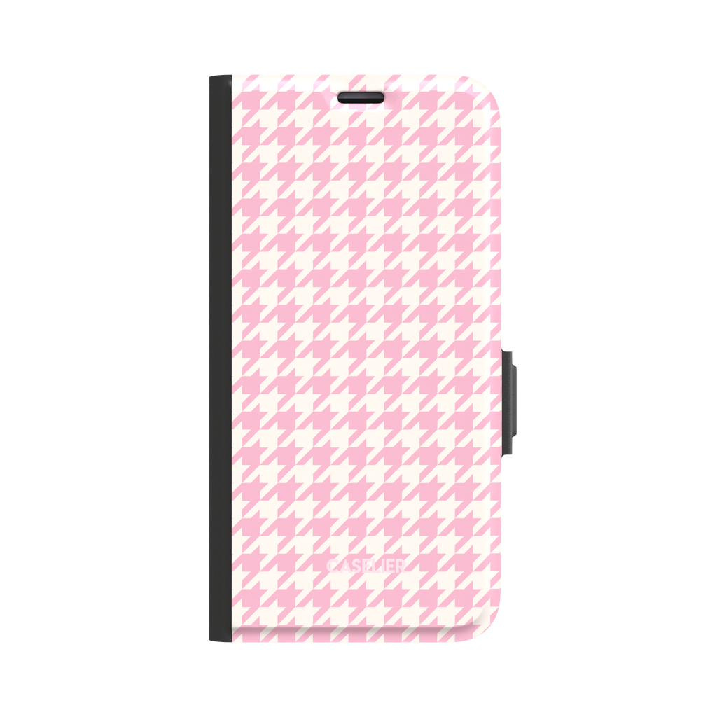 Front-facing view of a black-edged folio wallet case covered in pink and white houndstooth pattern, white background, phone case by Caselier - wallet case, front view | Caselier