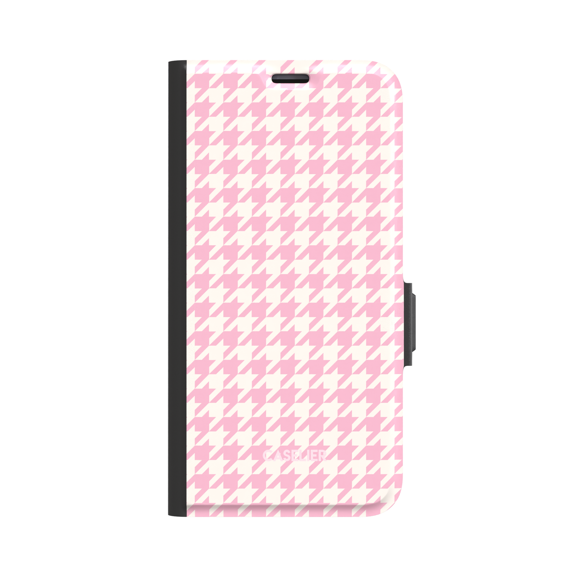 Front-facing view of a black-edged folio wallet case covered in pink and white houndstooth pattern, white background, phone case by Caselier - wallet case, front view | Caselier