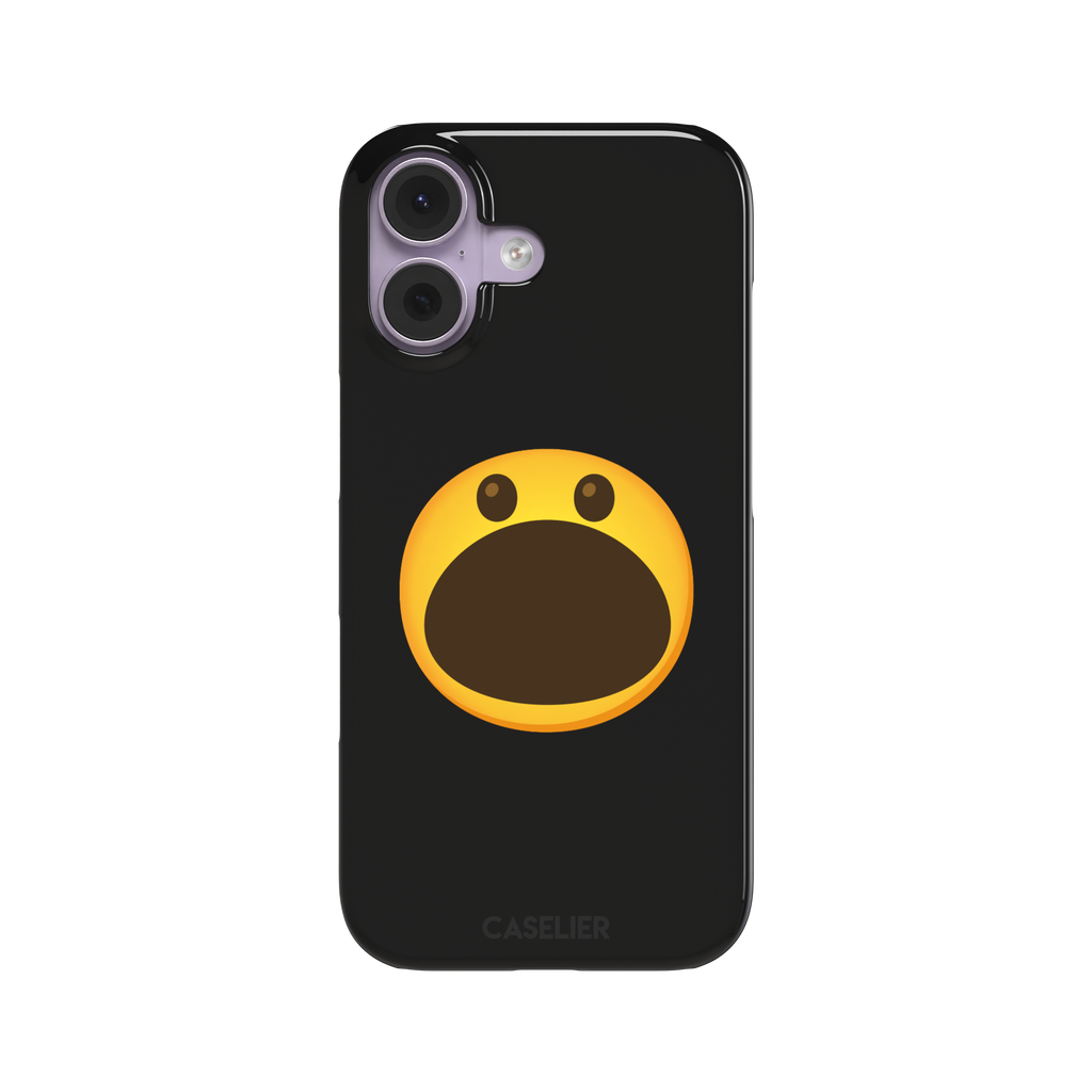 Hungry phone case featuring a bold yellow wide-mouthed screaming emoji on a matte black background, phone case by Caselier — snap case, front view