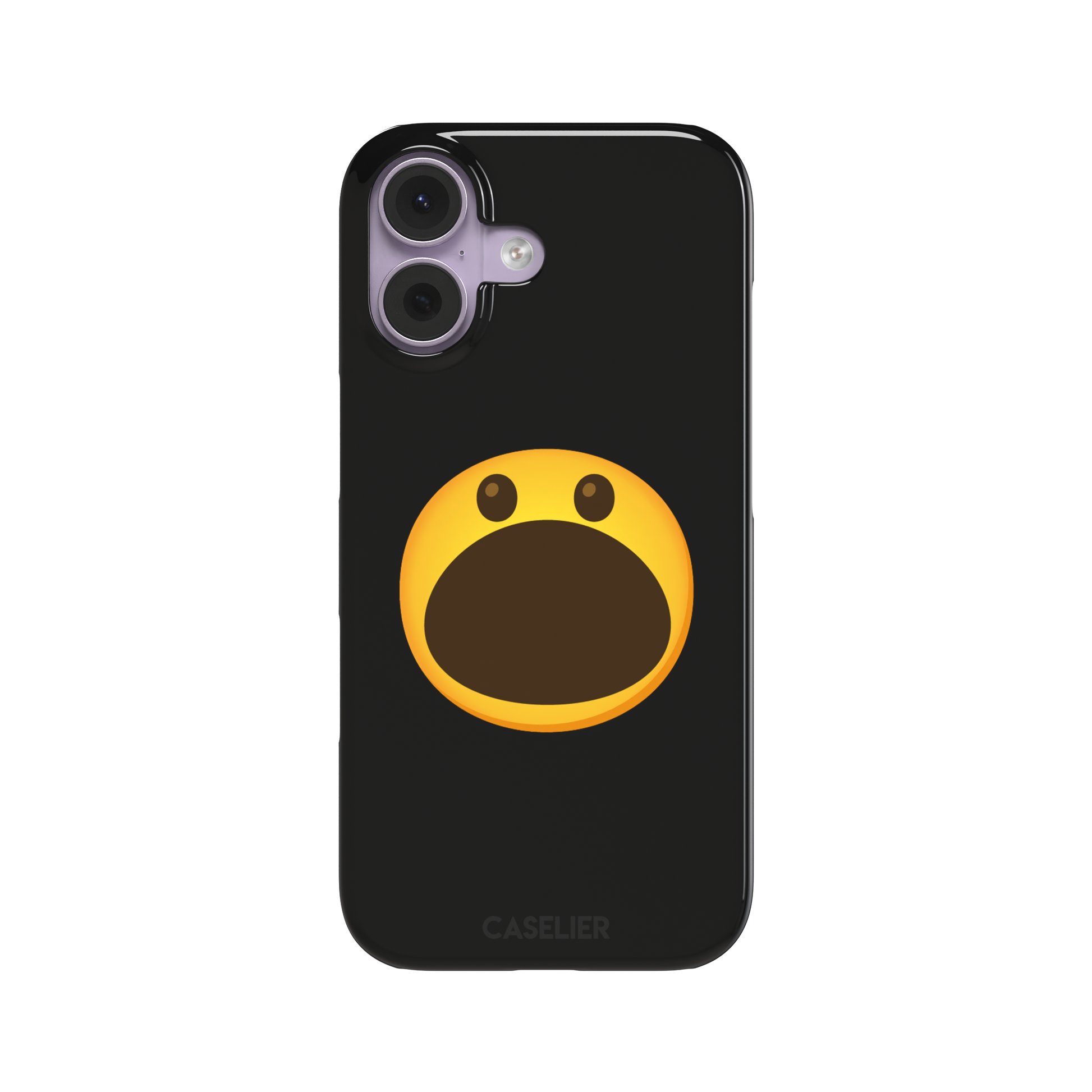 Hungry phone case featuring a bold yellow wide-mouthed screaming emoji on a matte black background, phone case by Caselier — snap case, front view