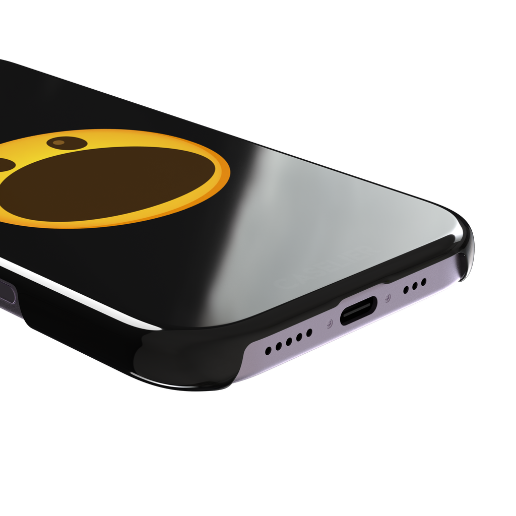 Hungry phone case featuring a bold yellow wide-mouthed screaming emoji on a matte black background, phone case by Caselier — snap case, charging port detail