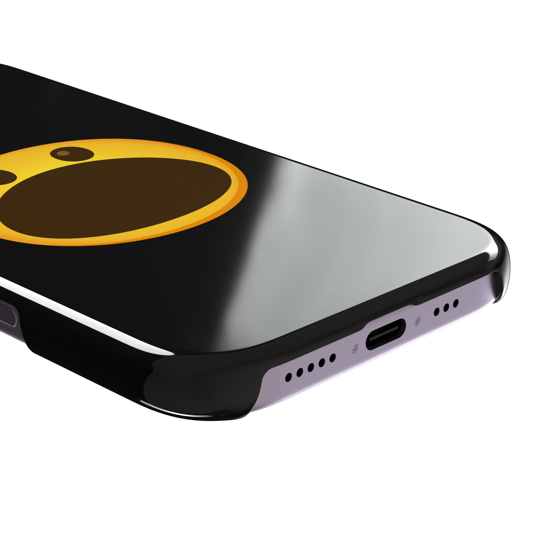 Hungry phone case featuring a bold yellow wide-mouthed screaming emoji on a matte black background, phone case by Caselier — snap case, charging port detail