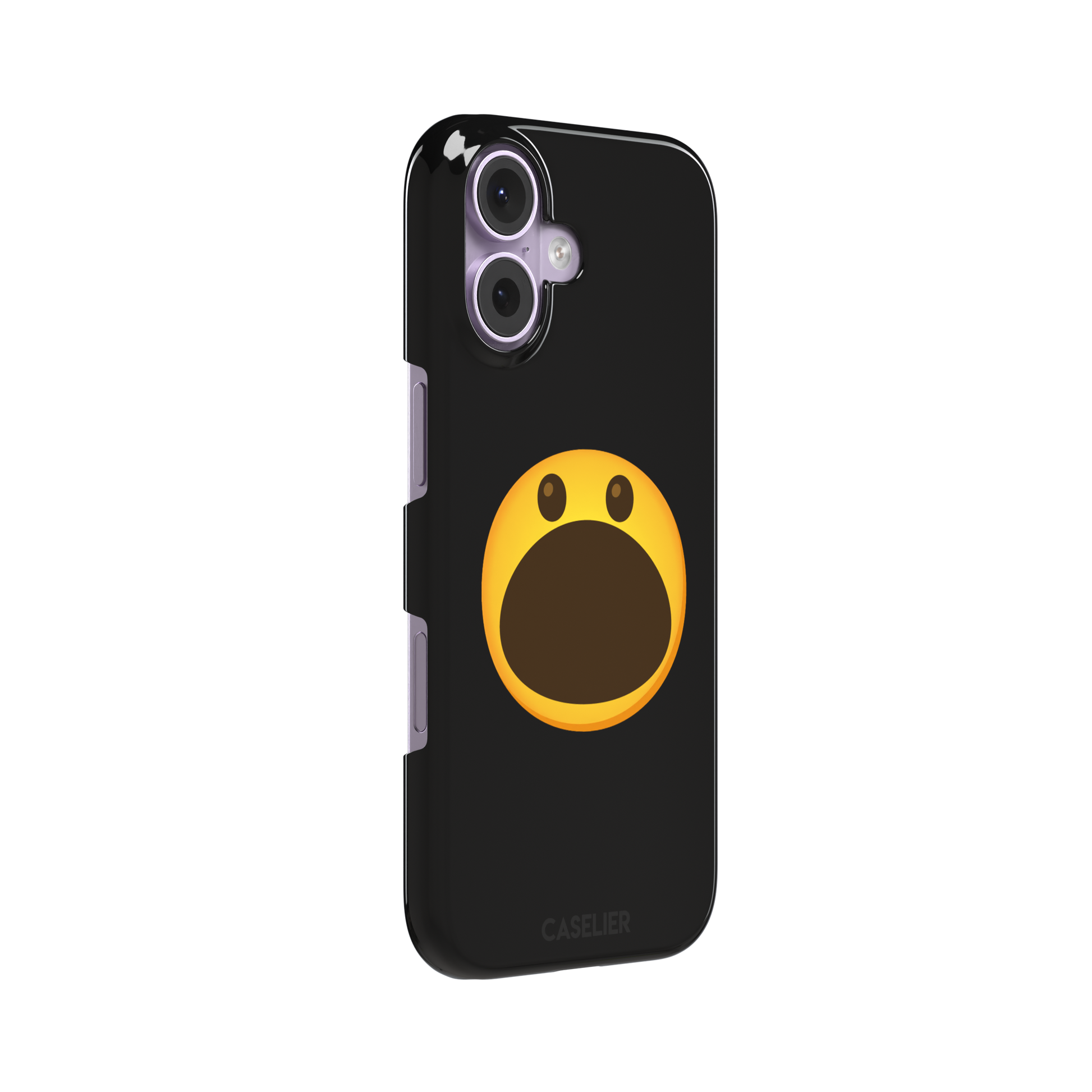 Hungry phone case featuring a bold yellow wide-mouthed screaming emoji on a matte black background, phone case by Caselier — snap case, left view