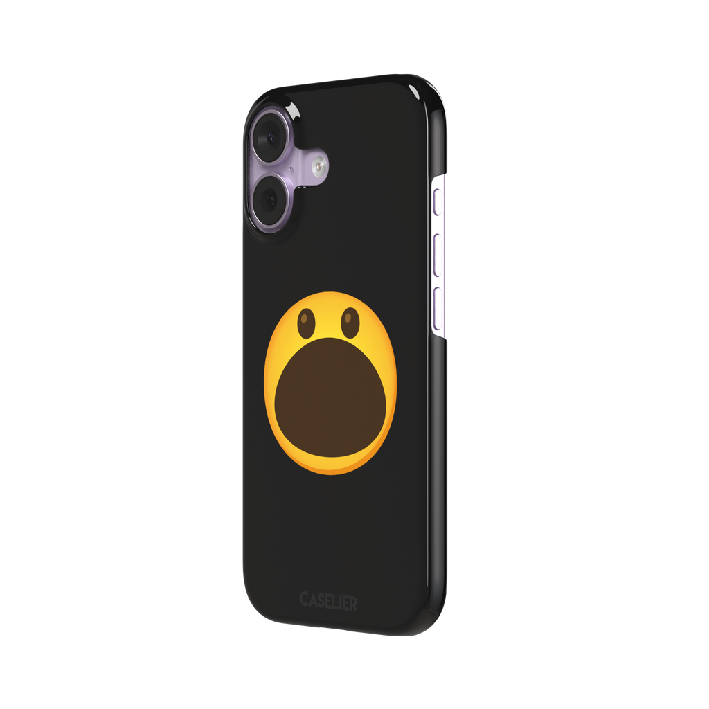 Hungry phone case featuring a bold yellow wide-mouthed screaming emoji on a matte black background, phone case by Caselier — snap case, right view