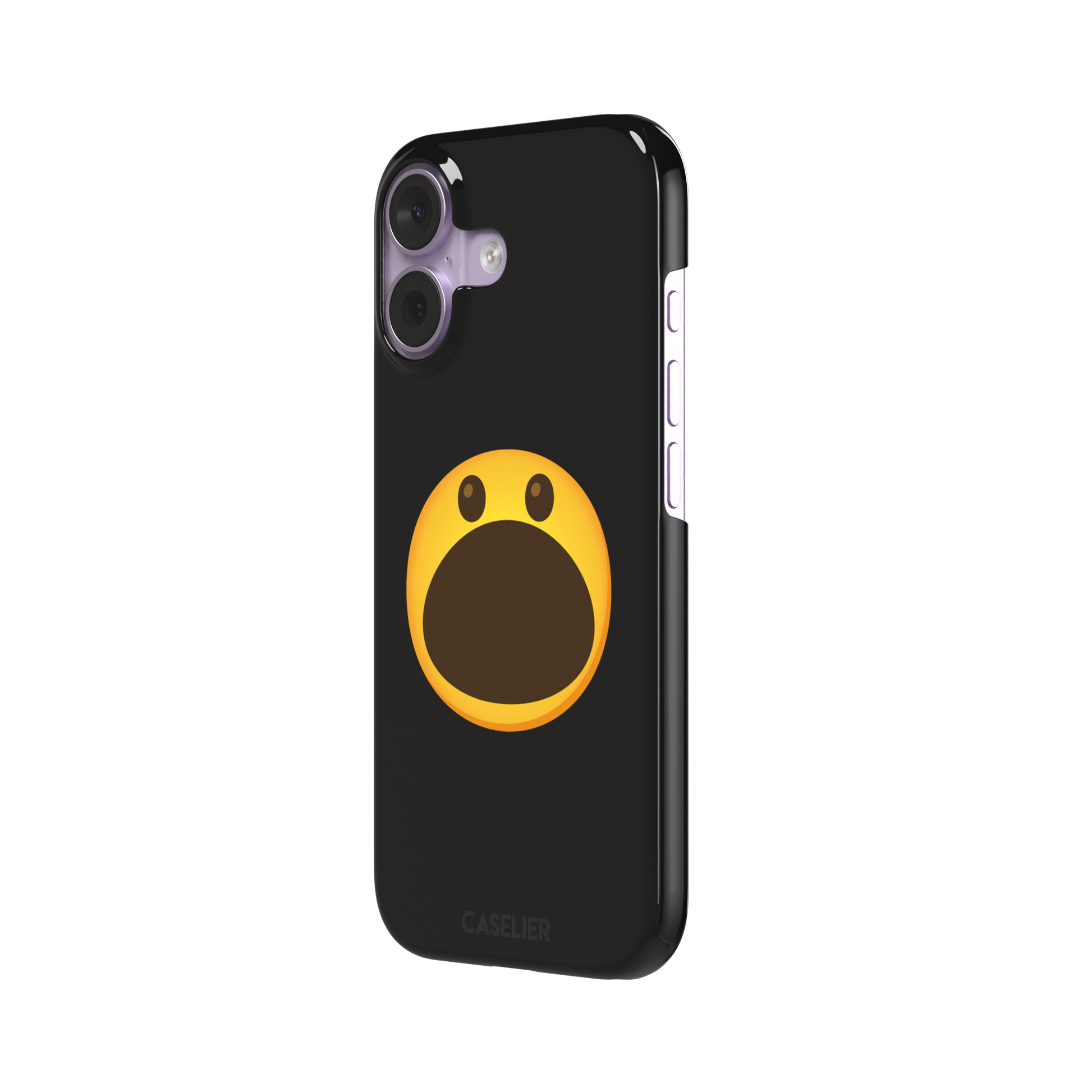Hungry phone case featuring a bold yellow wide-mouthed screaming emoji on a matte black background, phone case by Caselier — snap case, right view