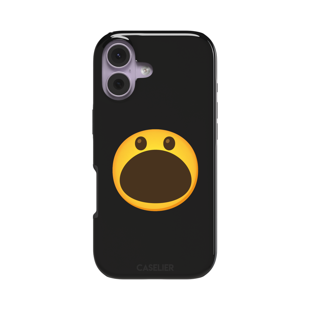 Hungry phone case featuring a bold yellow wide-mouthed screaming emoji on a matte black background, phone case by Caselier — tough case, front view