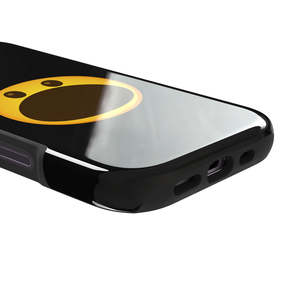 Hungry phone case featuring a bold yellow wide-mouthed screaming emoji on a matte black background, phone case by Caselier — tough case, charging port detail