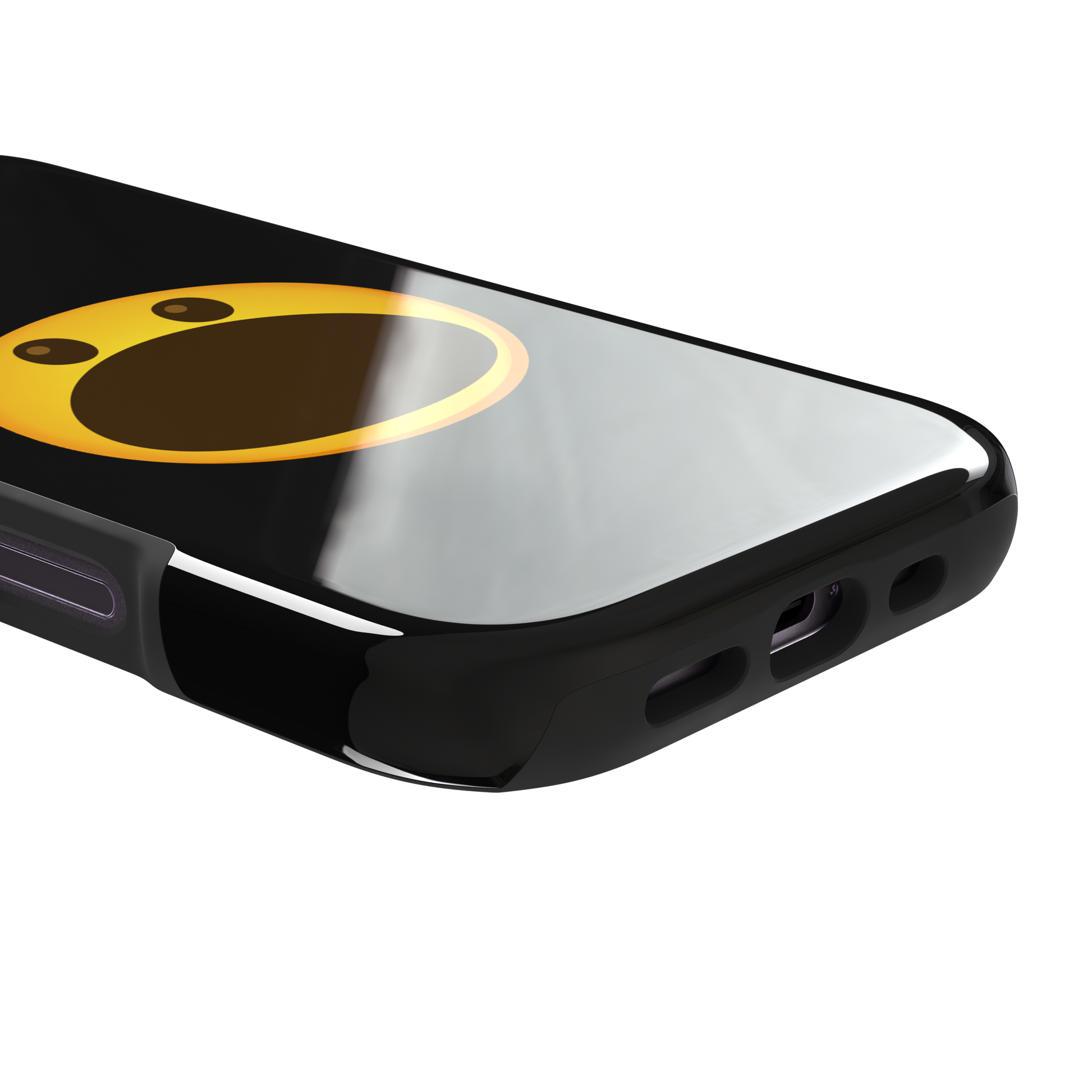 Hungry phone case featuring a bold yellow wide-mouthed screaming emoji on a matte black background, phone case by Caselier — tough case, charging port detail