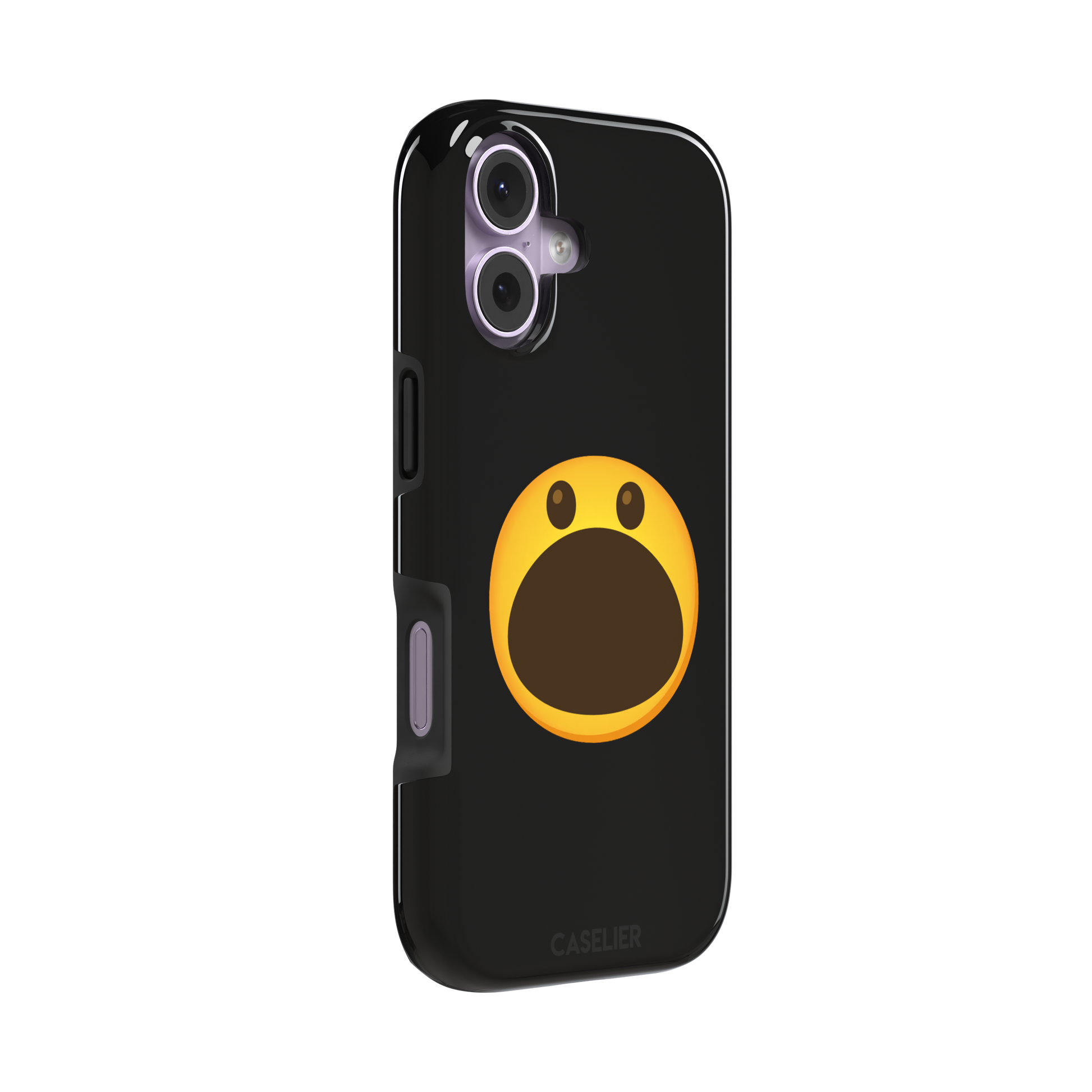 Hungry phone case featuring a bold yellow wide-mouthed screaming emoji on a matte black background, phone case by Caselier — tough case, left view