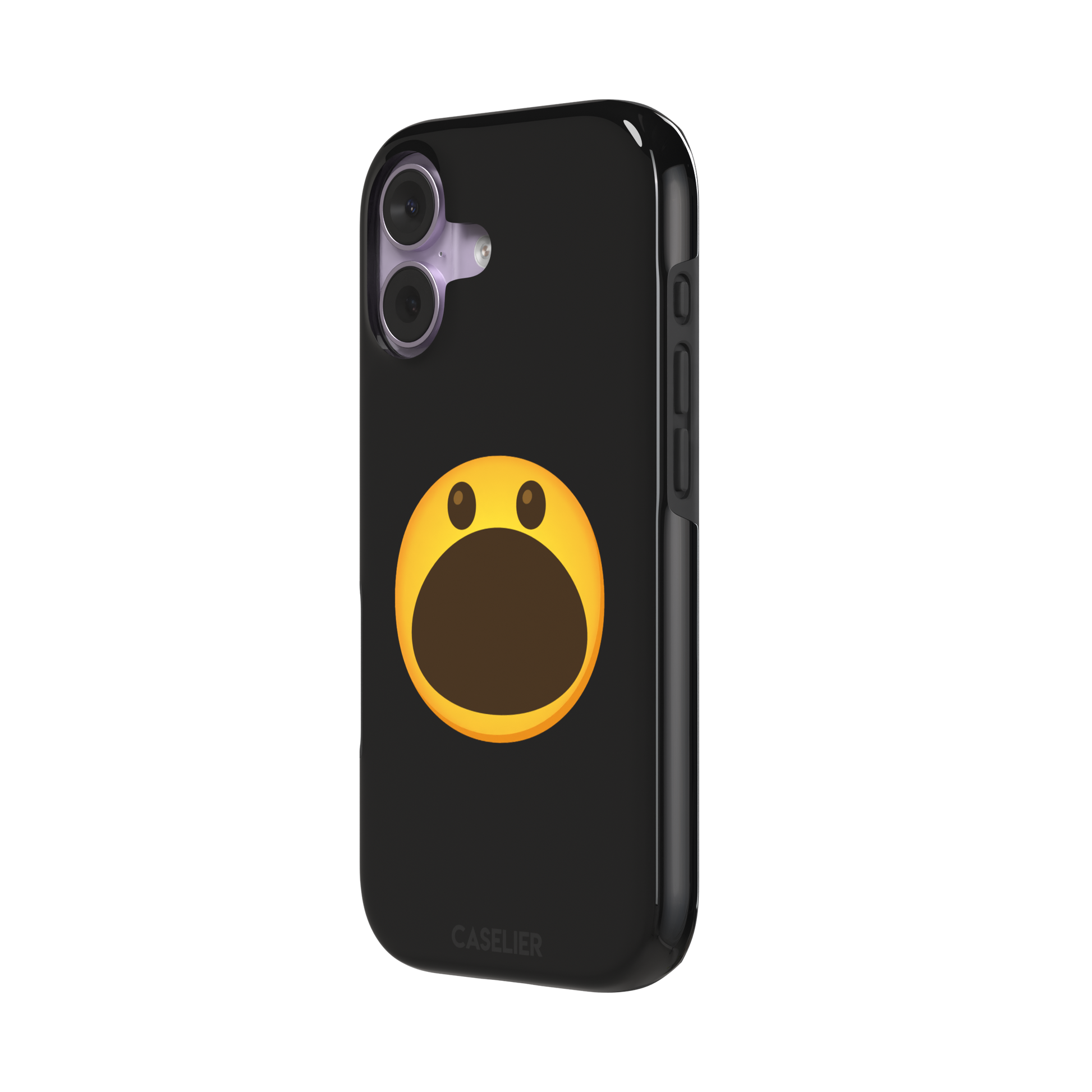 Hungry phone case featuring a bold yellow wide-mouthed screaming emoji on a matte black background, phone case by Caselier — tough case, right view
