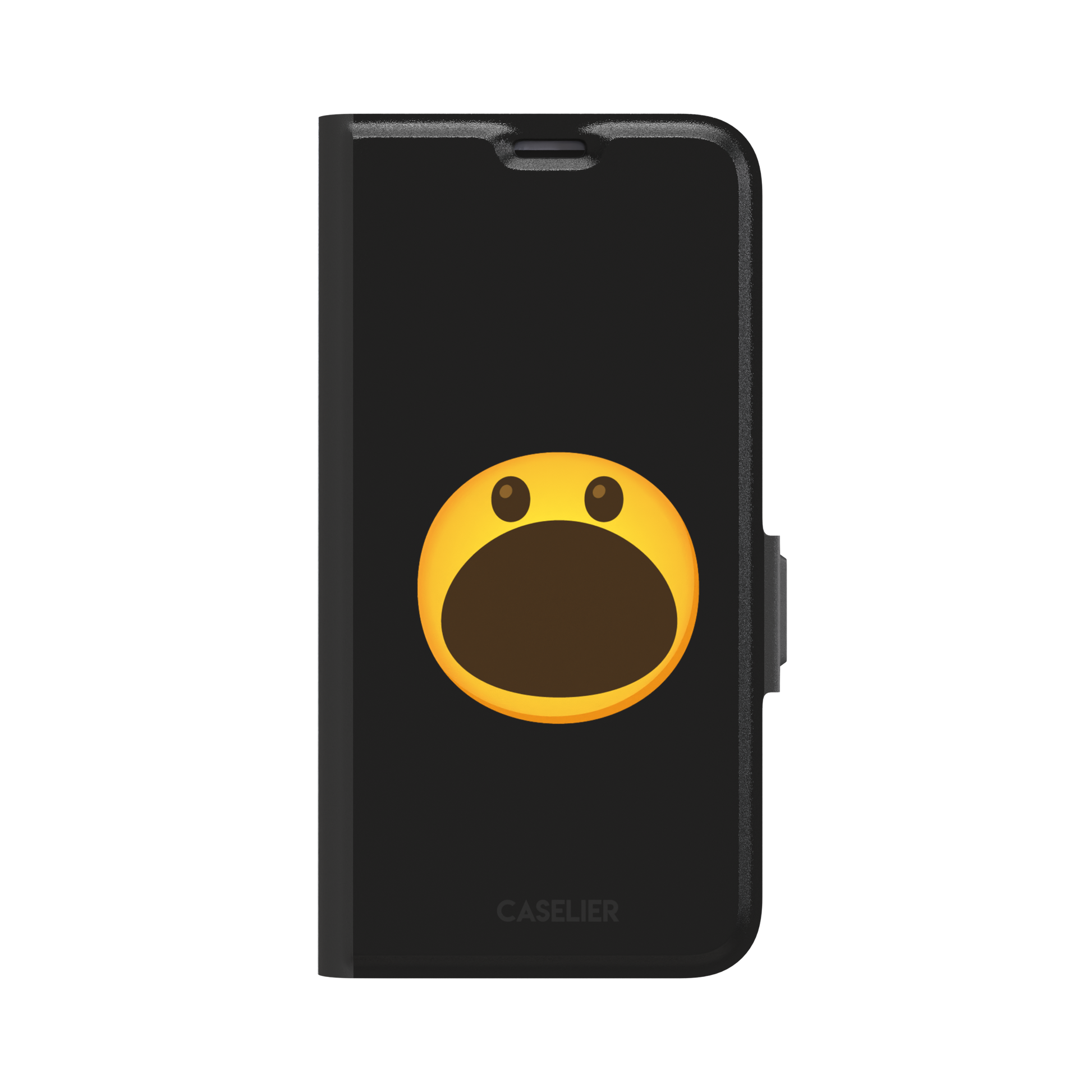 Hungry phone case featuring a bold yellow wide-mouthed screaming emoji on a matte black background, phone case by Caselier — wallet case, front view