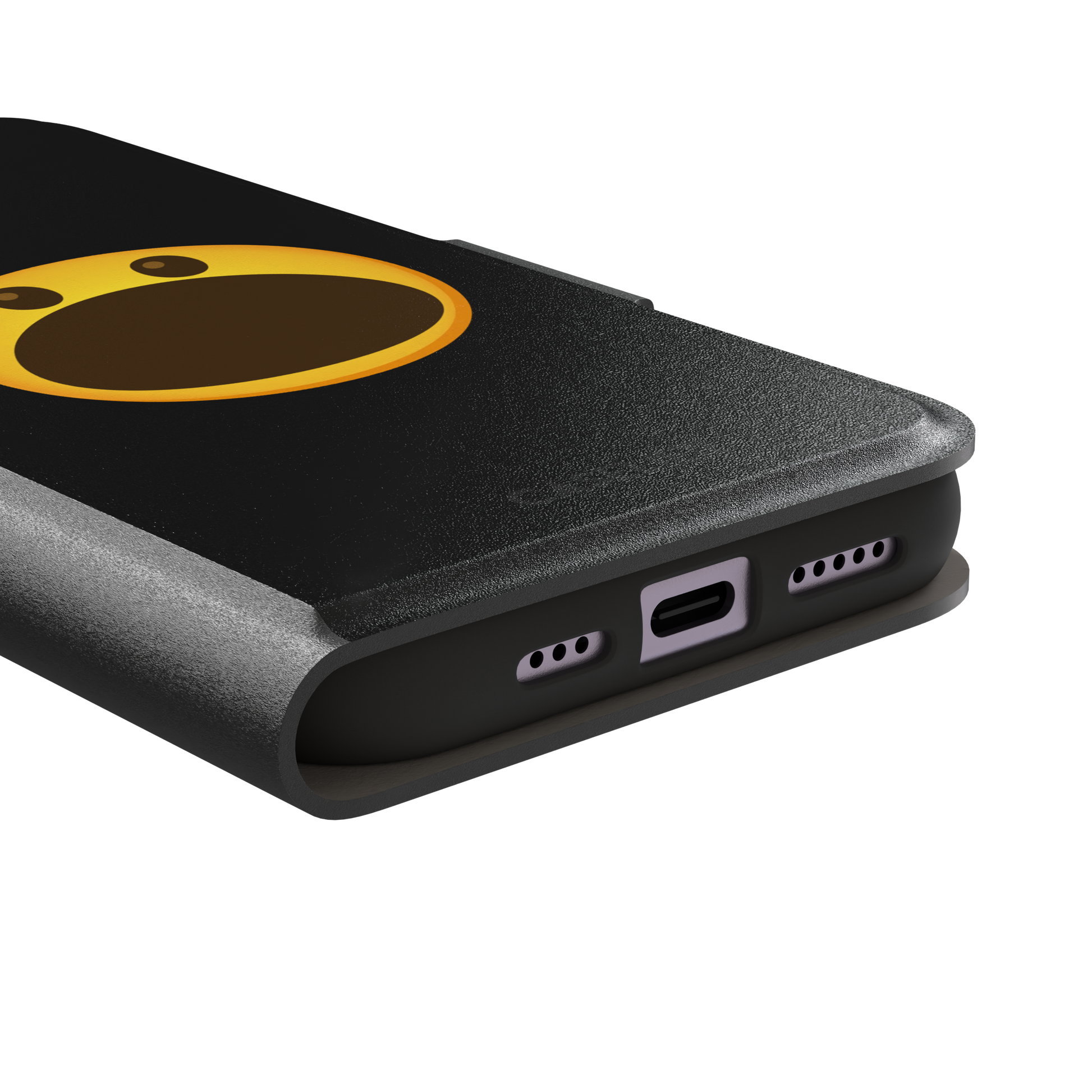 Hungry phone case featuring a bold yellow wide-mouthed screaming emoji on a matte black background, phone case by Caselier — wallet case, charging port detail