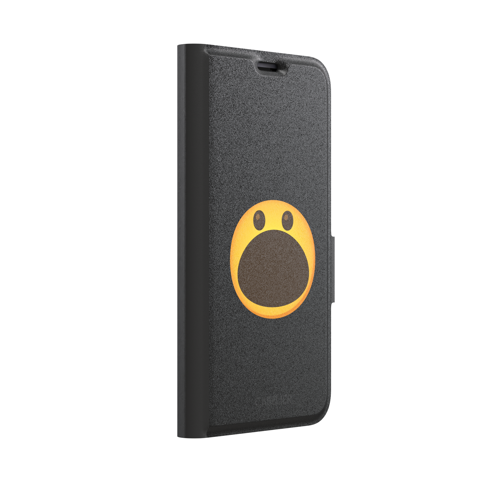 Hungry phone case featuring a bold yellow wide-mouthed screaming emoji on a matte black background, phone case by Caselier — wallet case, left view