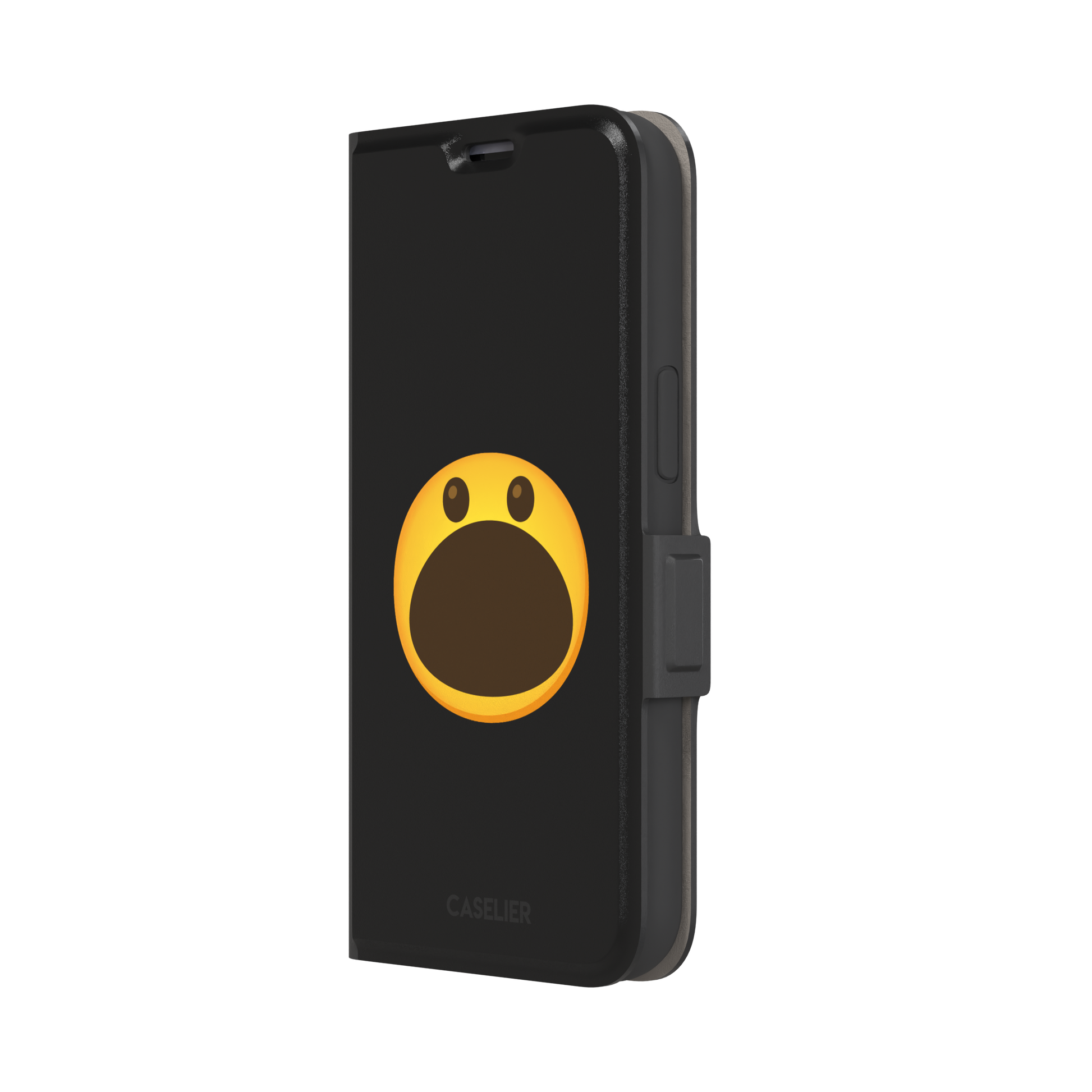 Hungry phone case featuring a bold yellow wide-mouthed screaming emoji on a matte black background, phone case by Caselier — wallet case, right view