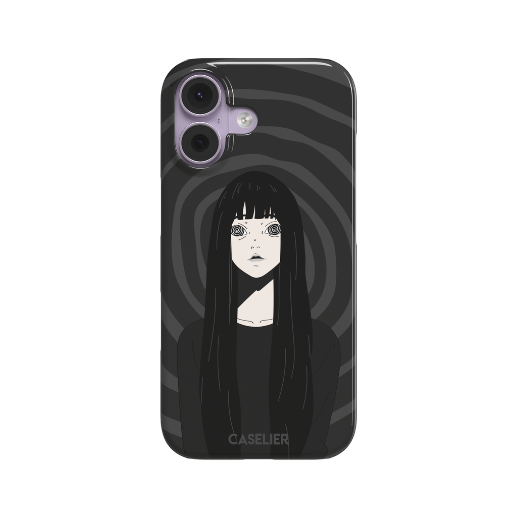 Hypnotized phone case featuring a dark anime girl with spiral eyes and long black hair against a deep grey swirling background, phone case by Caselier — snap case, front view