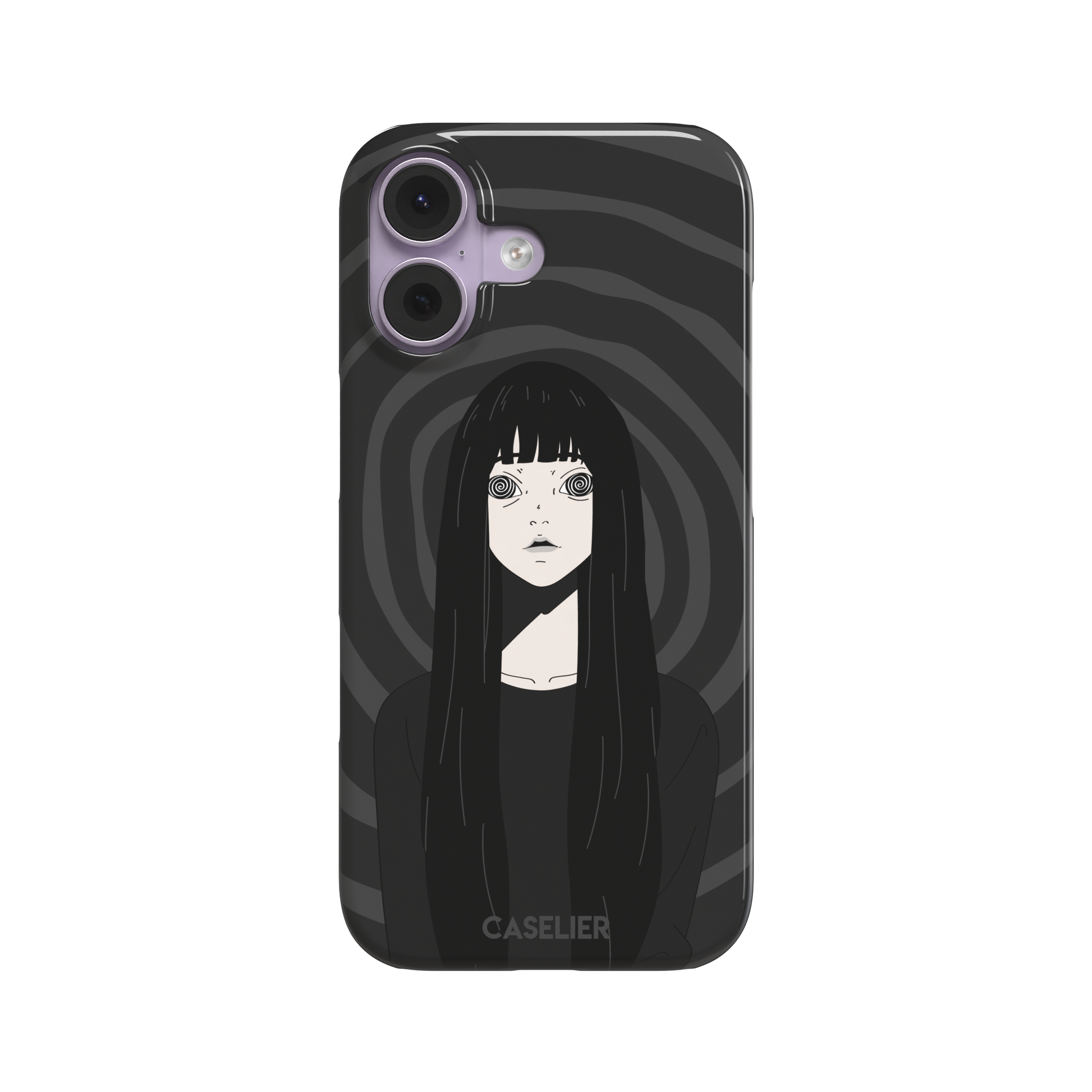 Hypnotized phone case featuring a dark anime girl with spiral eyes and long black hair against a deep grey swirling background, phone case by Caselier — snap case, front view