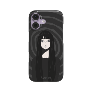 Hypnotized phone case featuring a dark anime girl with spiral eyes and long black hair against a deep grey swirling background, phone case by Caselier — snap case, front view