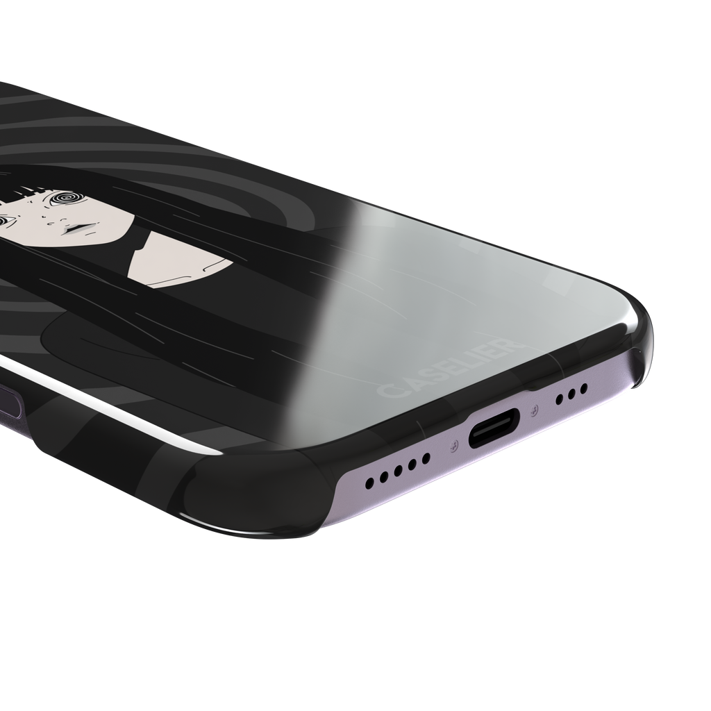 Hypnotized phone case featuring a dark anime girl with spiral eyes and long black hair against a deep grey swirling background, phone case by Caselier — snap case, charging port detail