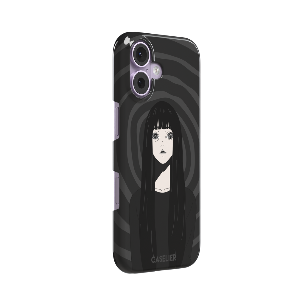 Hypnotized phone case featuring a dark anime girl with spiral eyes and long black hair against a deep grey swirling background, phone case by Caselier — snap case, left view
