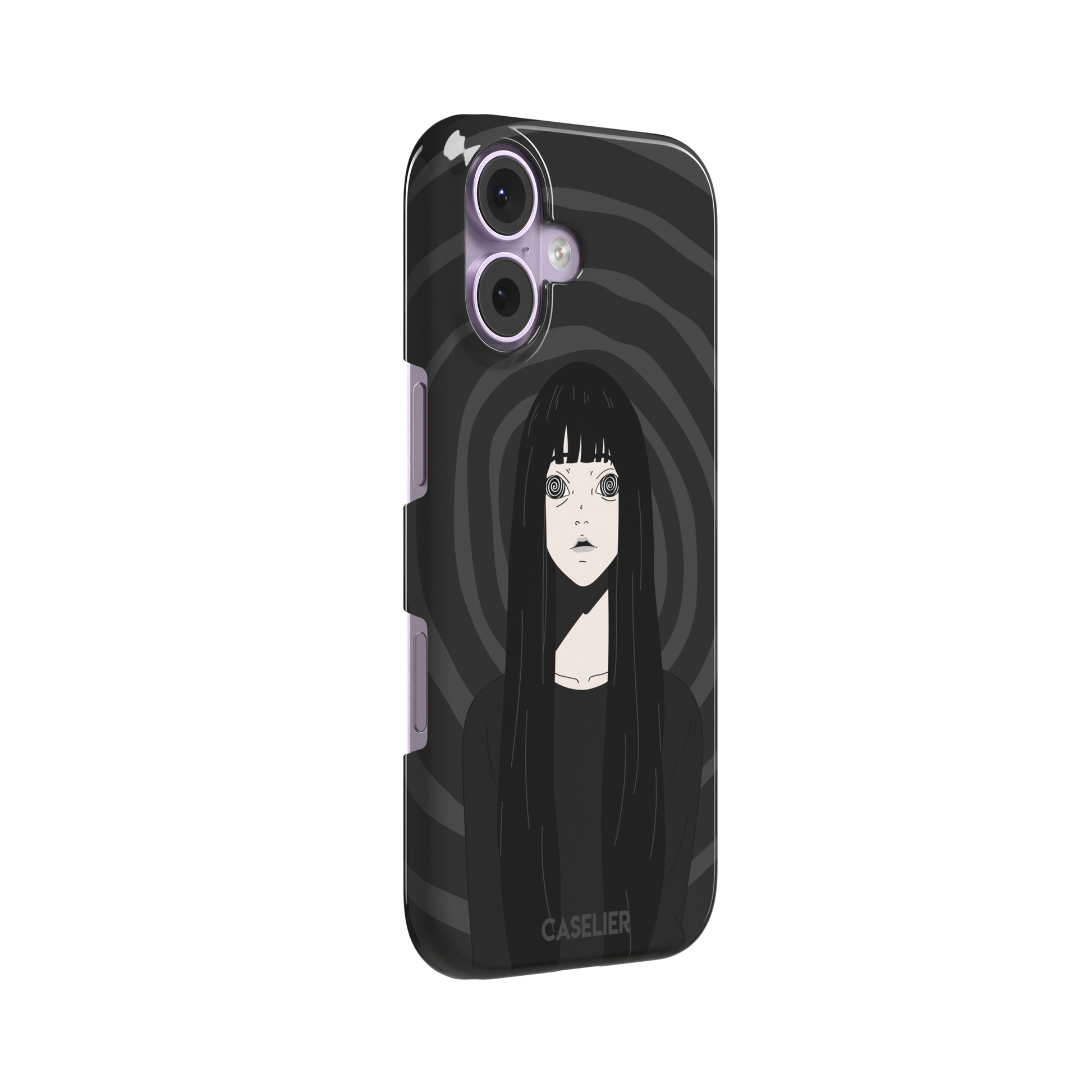 Hypnotized phone case featuring a dark anime girl with spiral eyes and long black hair against a deep grey swirling background, phone case by Caselier — snap case, left view