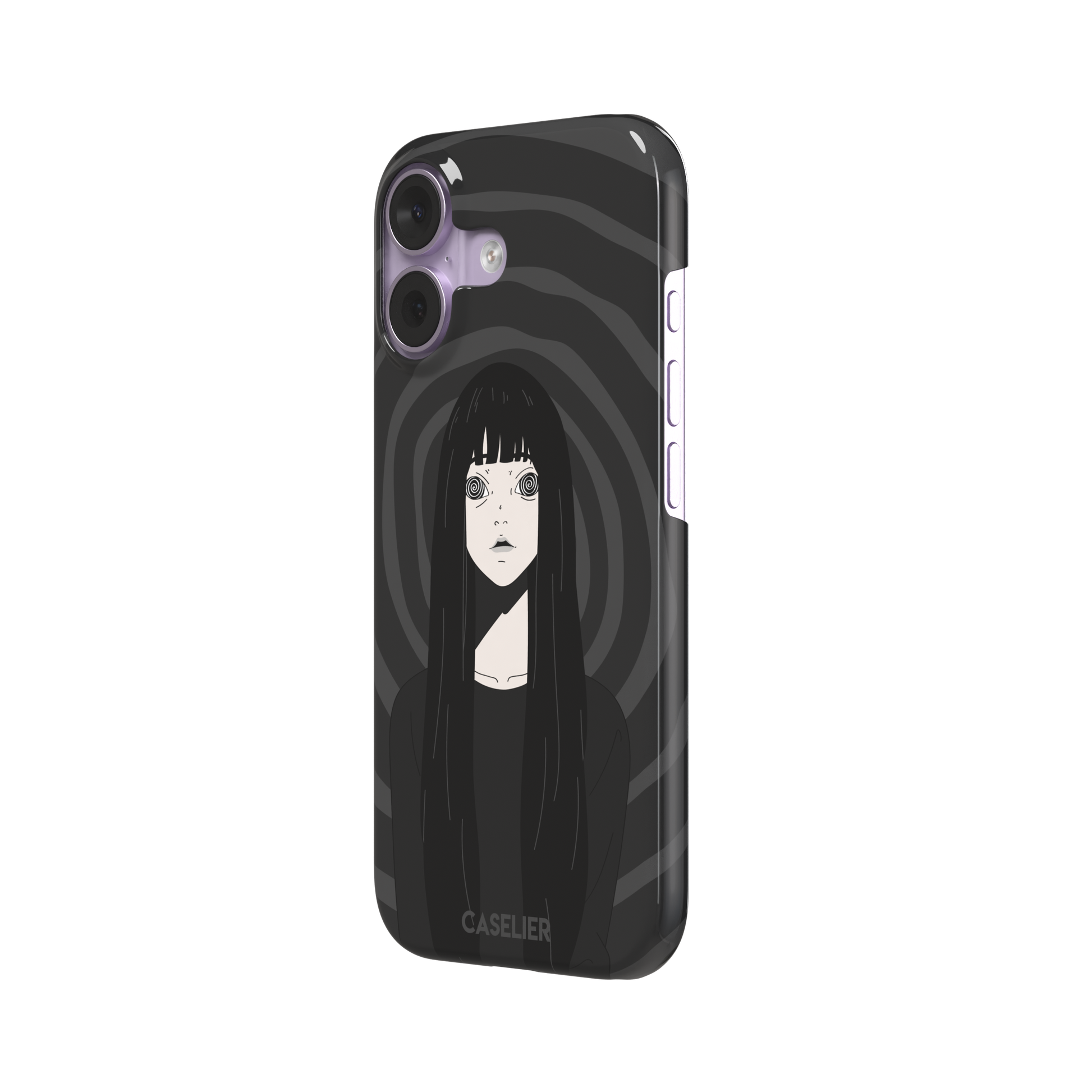 Hypnotized phone case featuring a dark anime girl with spiral eyes and long black hair against a deep grey swirling background, phone case by Caselier — snap case, right view