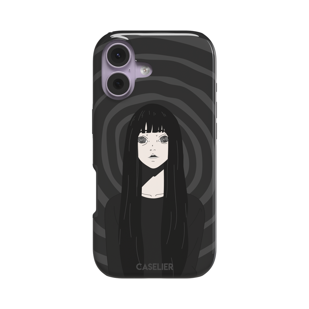 Hypnotized phone case featuring a dark anime girl with spiral eyes and long black hair against a deep grey swirling background, phone case by Caselier — tough case, front view