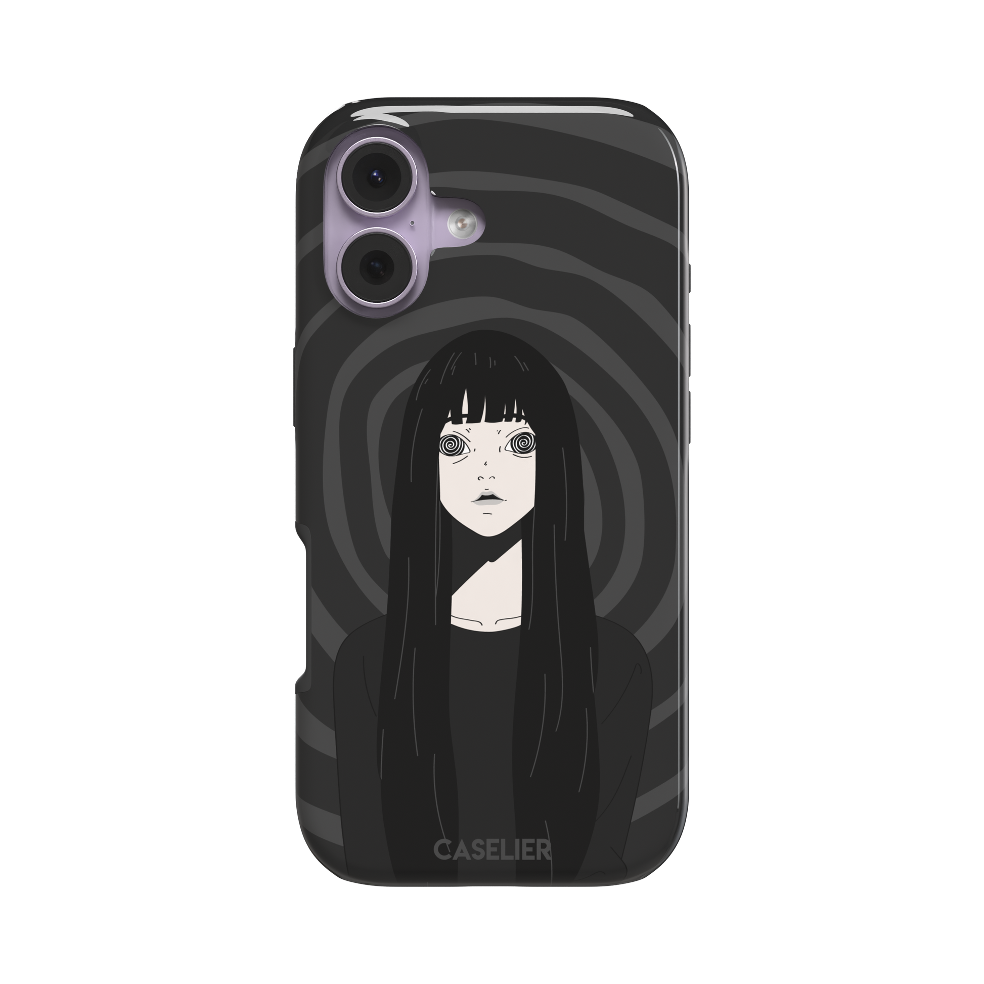 Hypnotized phone case featuring a dark anime girl with spiral eyes and long black hair against a deep grey swirling background, phone case by Caselier — tough case, front view