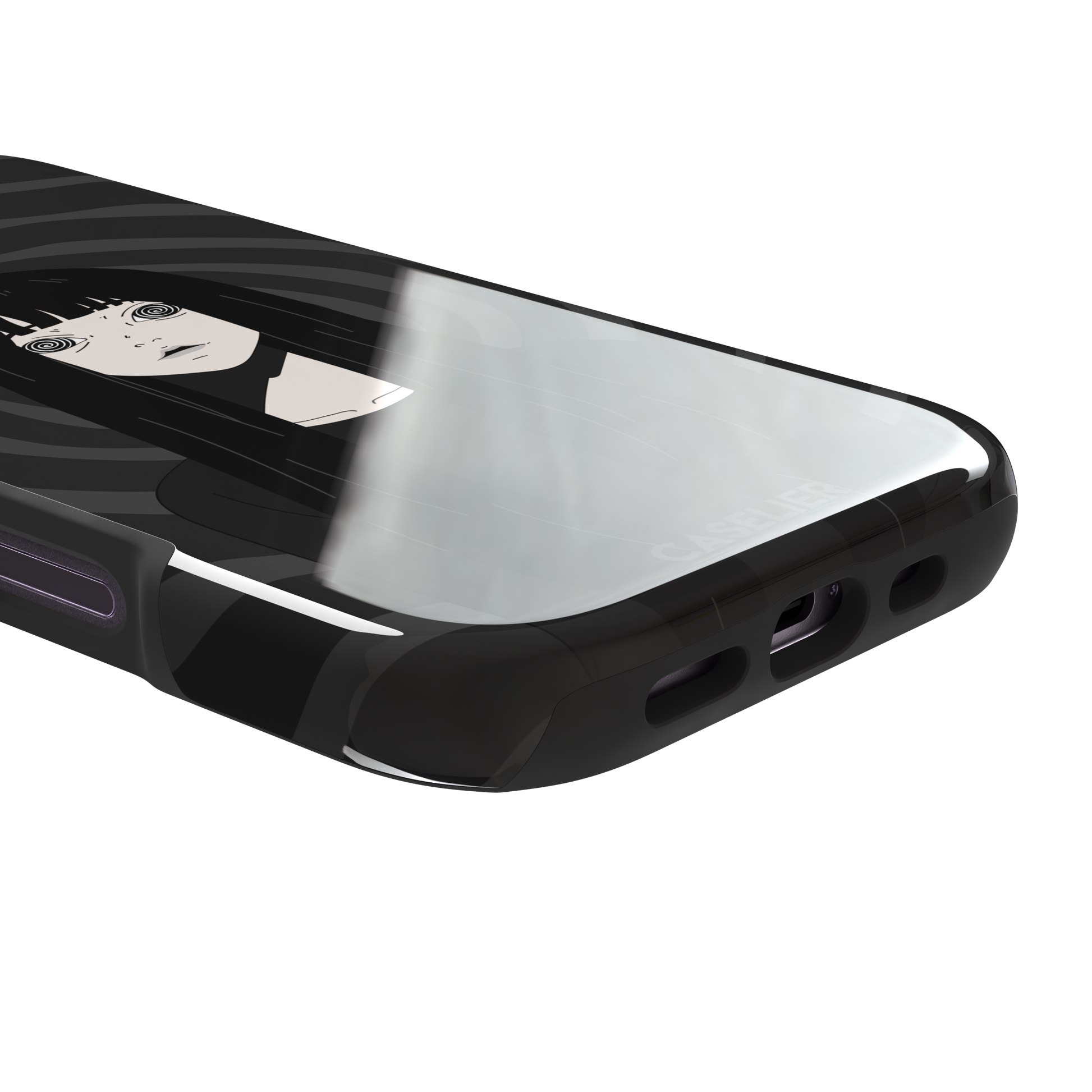 Hypnotized phone case featuring a dark anime girl with spiral eyes and long black hair against a deep grey swirling background, phone case by Caselier — tough case, charging port detail