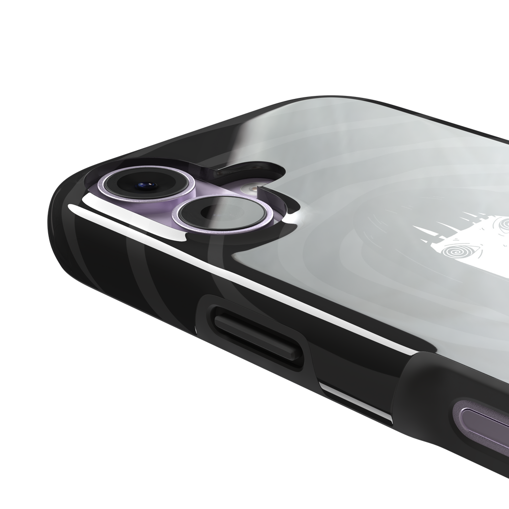 Hypnotized phone case featuring a dark anime girl with spiral eyes and long black hair against a deep grey swirling background, phone case by Caselier — tough case, volume buttons detail