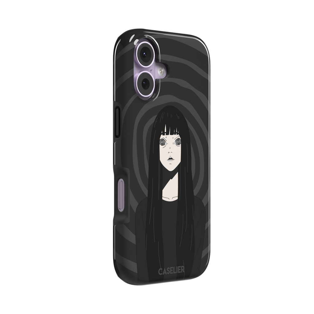 Hypnotized phone case featuring a dark anime girl with spiral eyes and long black hair against a deep grey swirling background, phone case by Caselier — tough case, left view