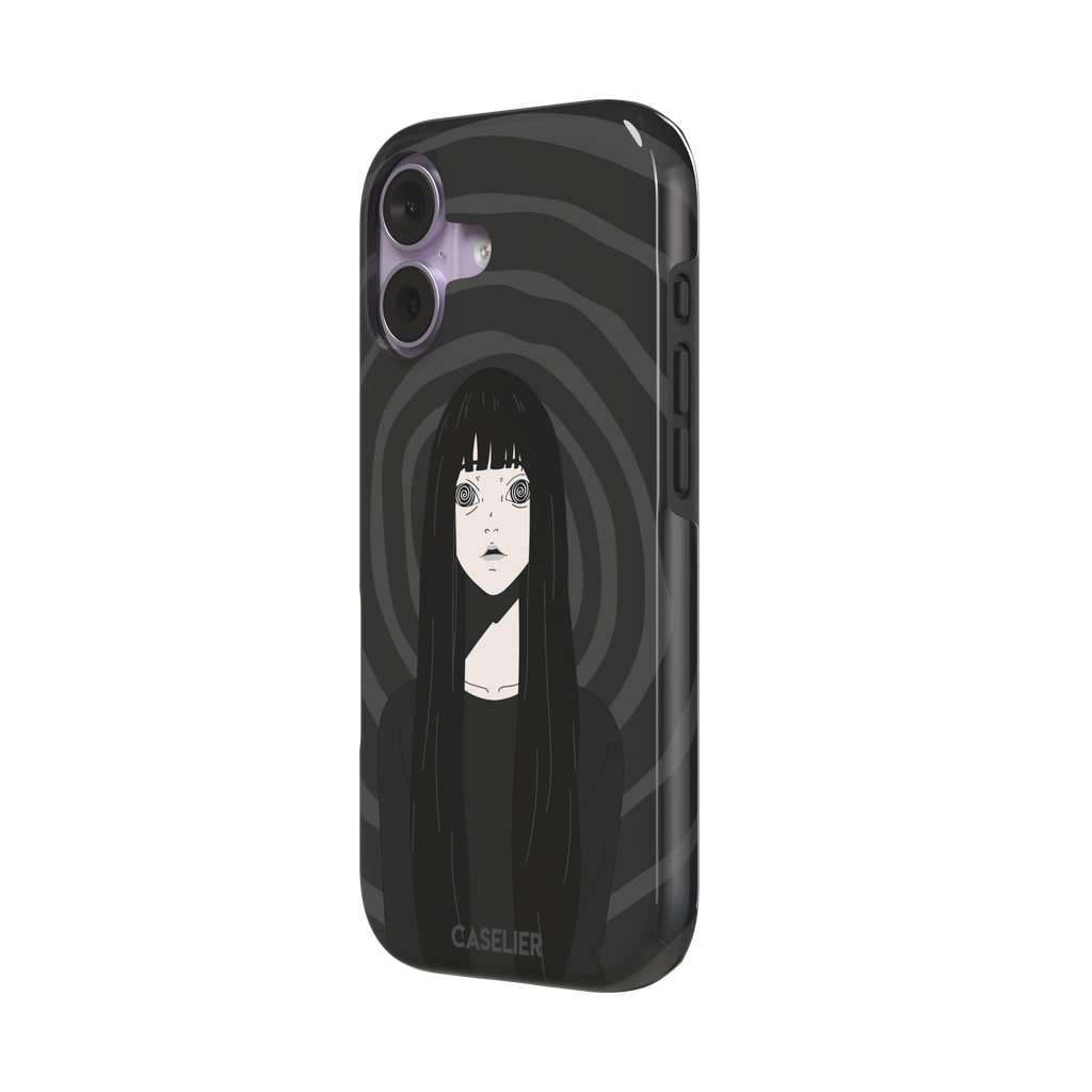 Hypnotized phone case featuring a dark anime girl with spiral eyes and long black hair against a deep grey swirling background, phone case by Caselier — tough case, right view