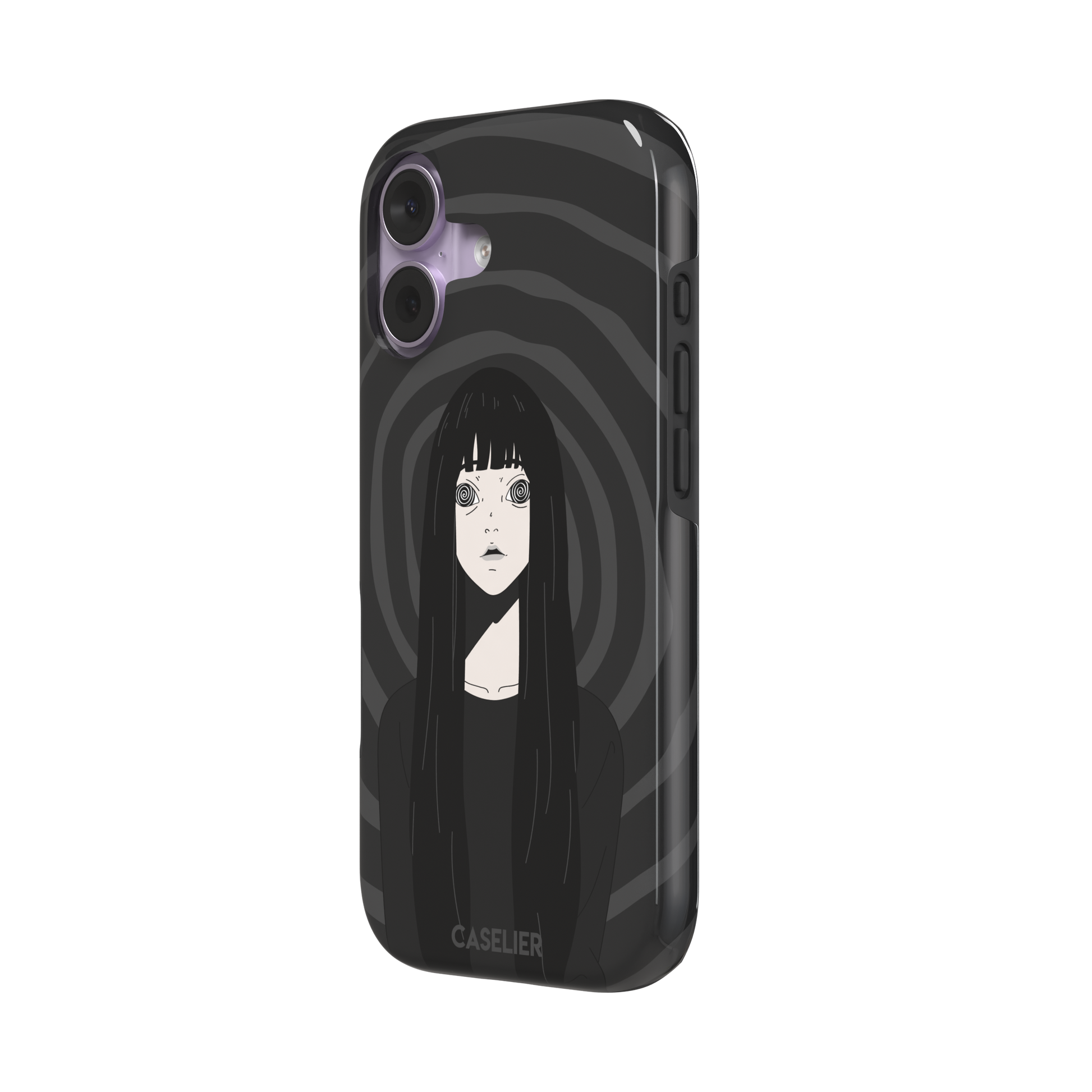 Hypnotized phone case featuring a dark anime girl with spiral eyes and long black hair against a deep grey swirling background, phone case by Caselier — tough case, right view