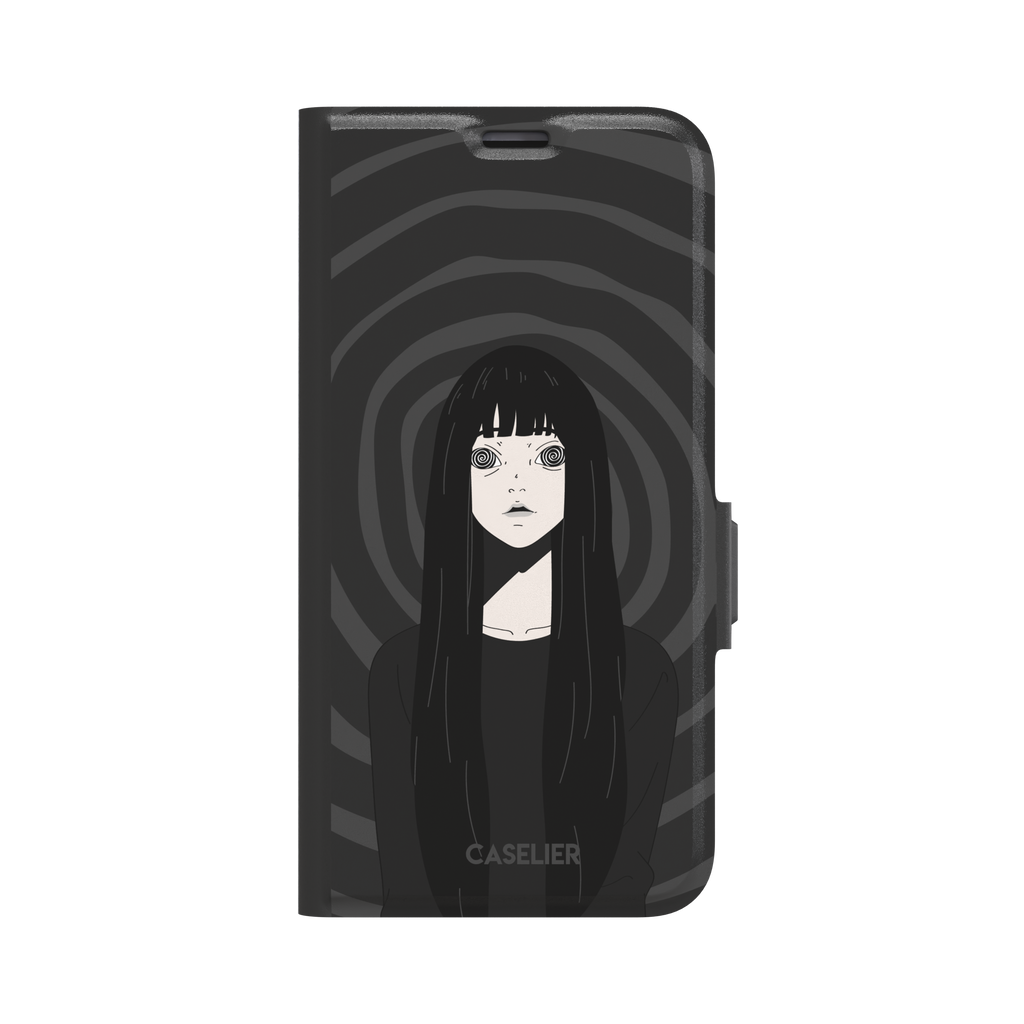 Hypnotized phone case featuring a dark anime girl with spiral eyes and long black hair against a deep grey swirling background, phone case by Caselier — wallet case, front view