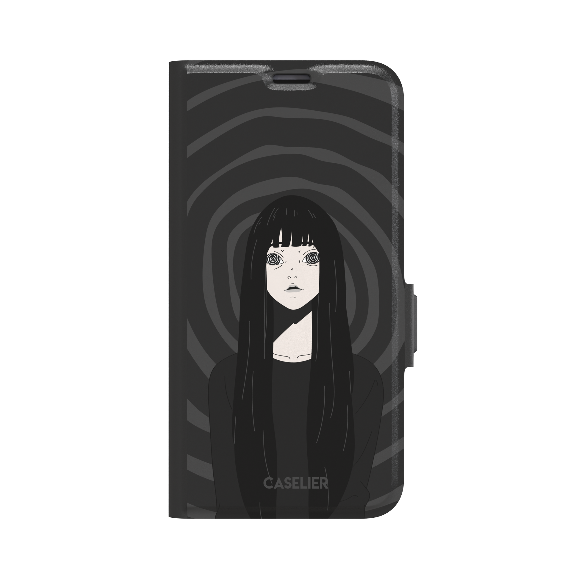 Hypnotized phone case featuring a dark anime girl with spiral eyes and long black hair against a deep grey swirling background, phone case by Caselier — wallet case, front view