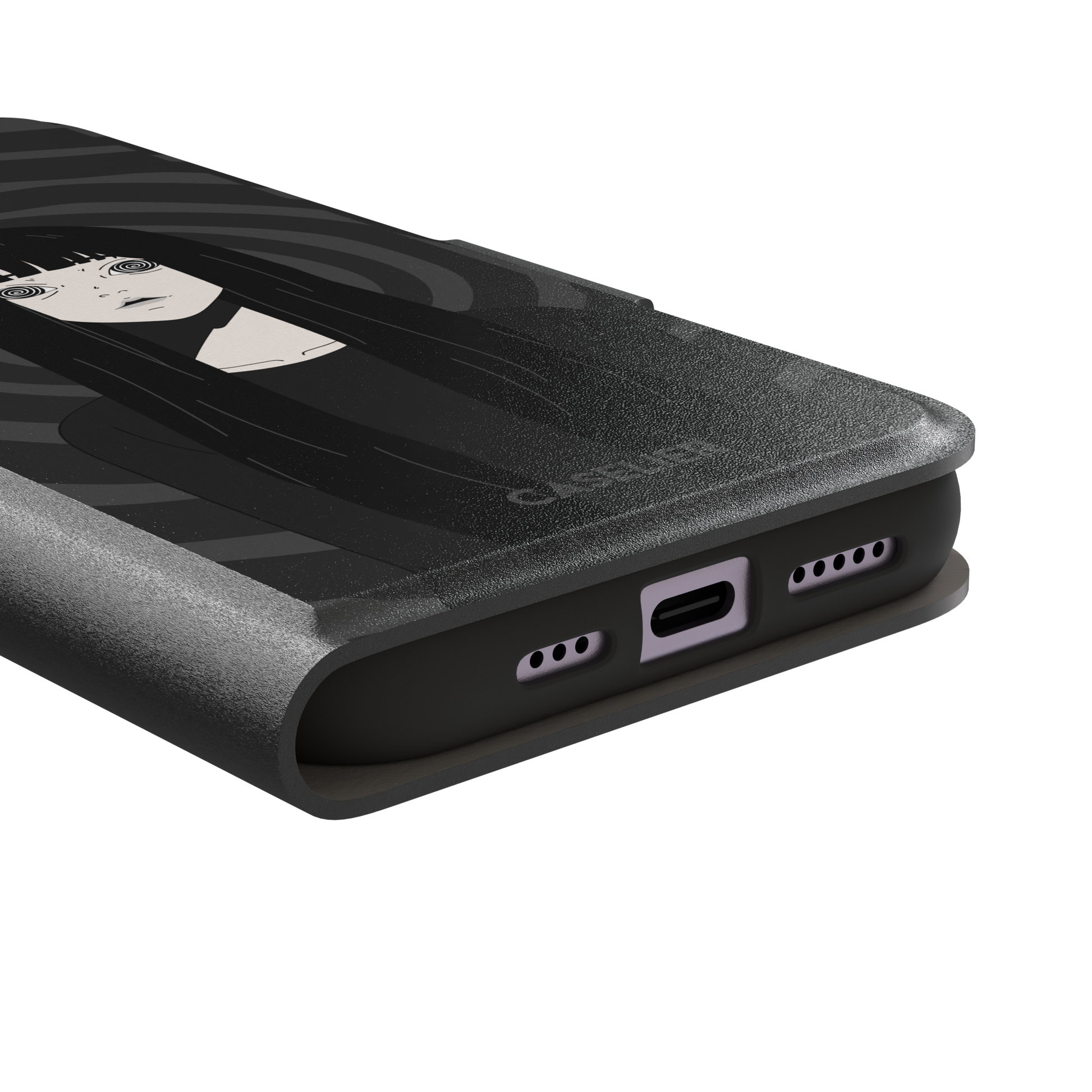 Hypnotized phone case featuring a dark anime girl with spiral eyes and long black hair against a deep grey swirling background, phone case by Caselier — wallet case, charging port detail