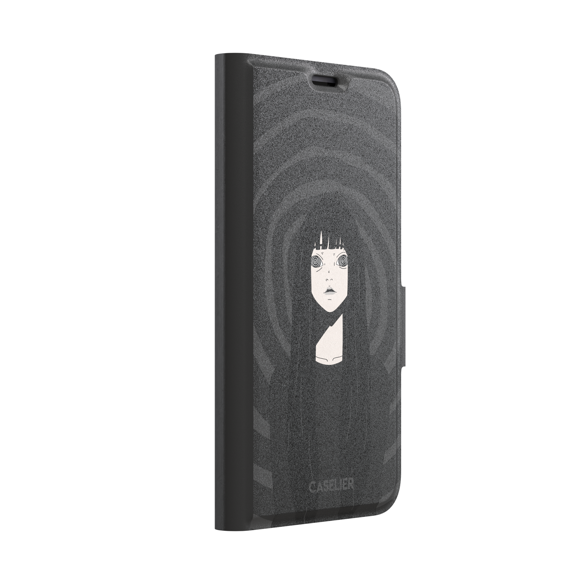 Hypnotized phone case featuring a dark anime girl with spiral eyes and long black hair against a deep grey swirling background, phone case by Caselier — wallet case, left view