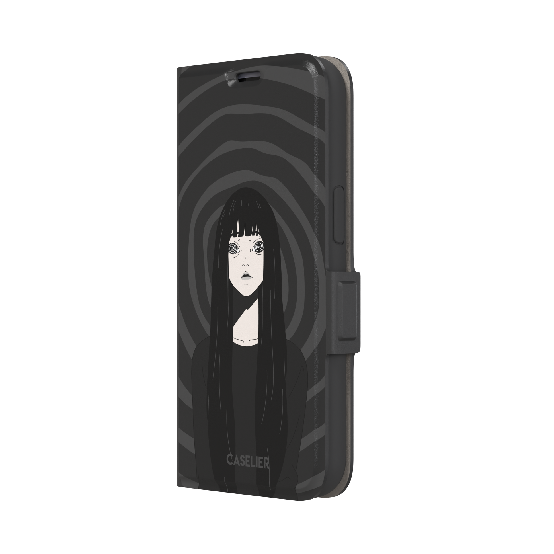 Hypnotized phone case featuring a dark anime girl with spiral eyes and long black hair against a deep grey swirling background, phone case by Caselier — wallet case, right view
