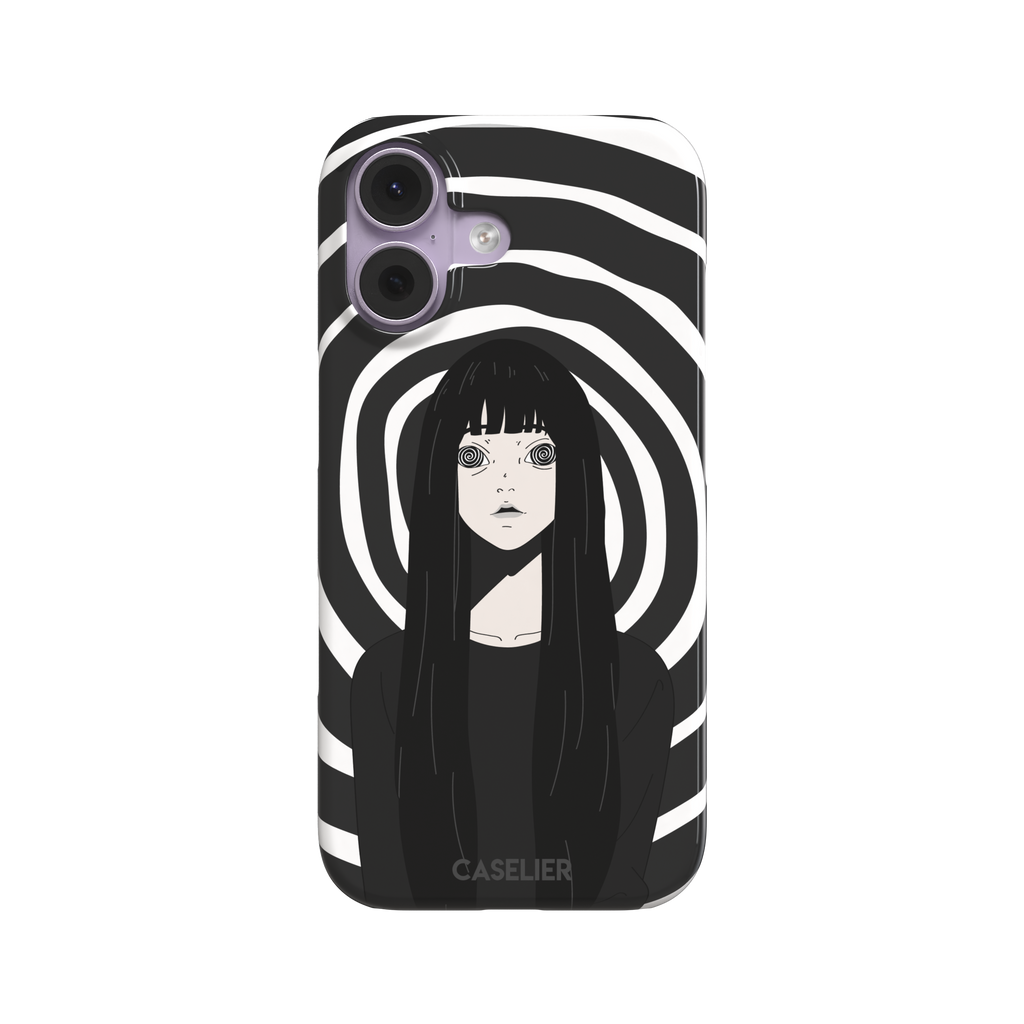 Hypnotized phone case in high-contrast black and white variant, showing the same anime girl with spiral eyes against bold graphic concentric rings, phone case by Caselier — snap case, front view