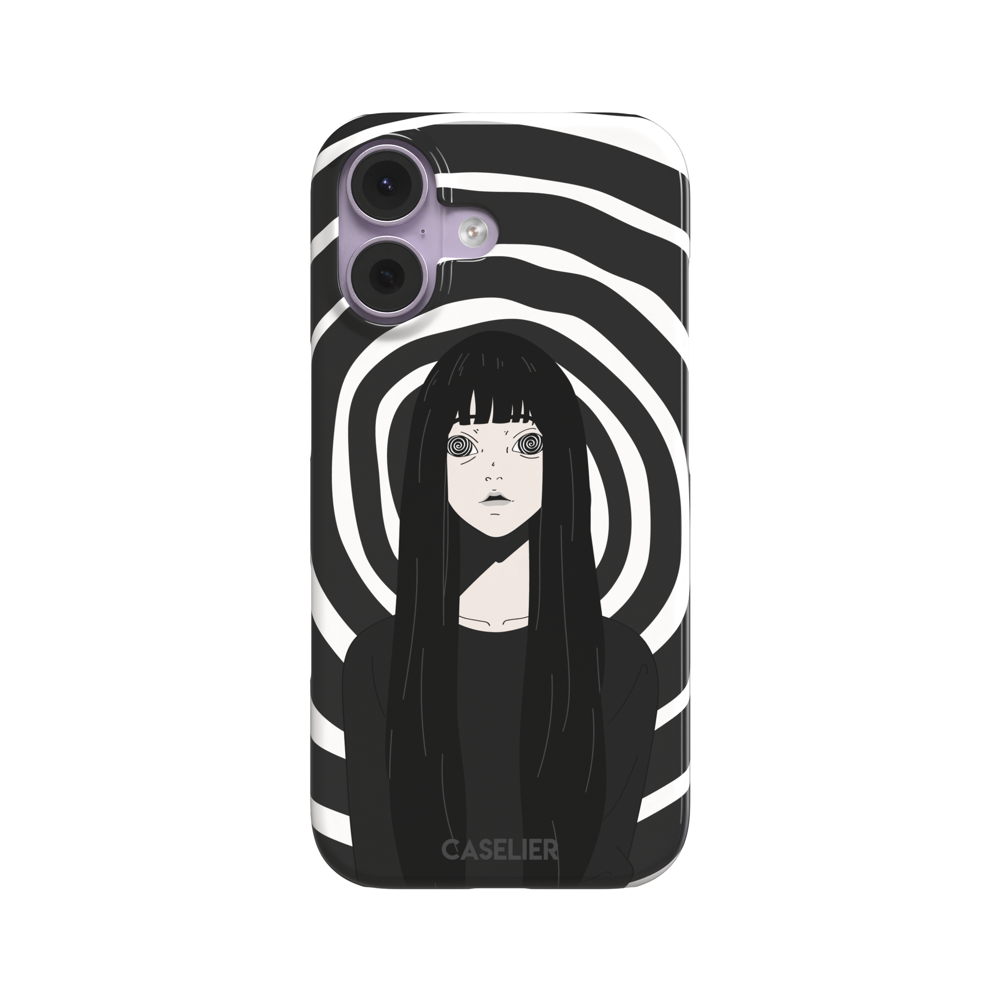 Hypnotized phone case in high-contrast black and white variant, showing the same anime girl with spiral eyes against bold graphic concentric rings, phone case by Caselier — snap case, front view