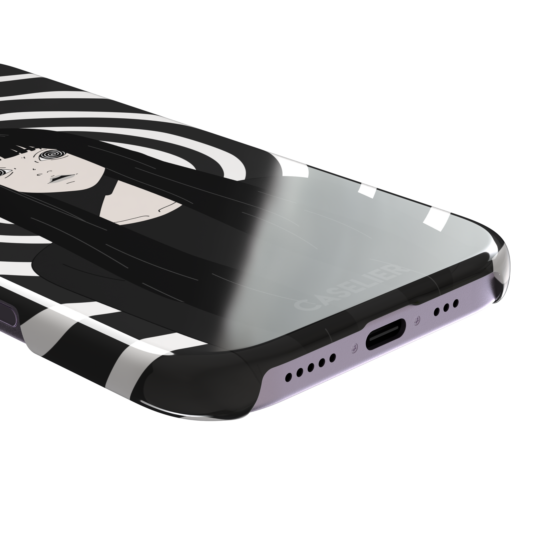 Hypnotized phone case in high-contrast black and white variant, showing the same anime girl with spiral eyes against bold graphic concentric rings, phone case by Caselier — snap case, charging port detail